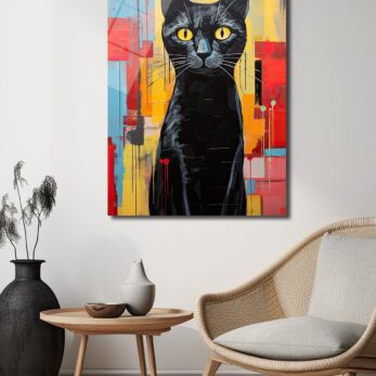 Gizemli Siyah Kedi: Soyut Renklerle Modern Temperli Cam Tablo - Glazella