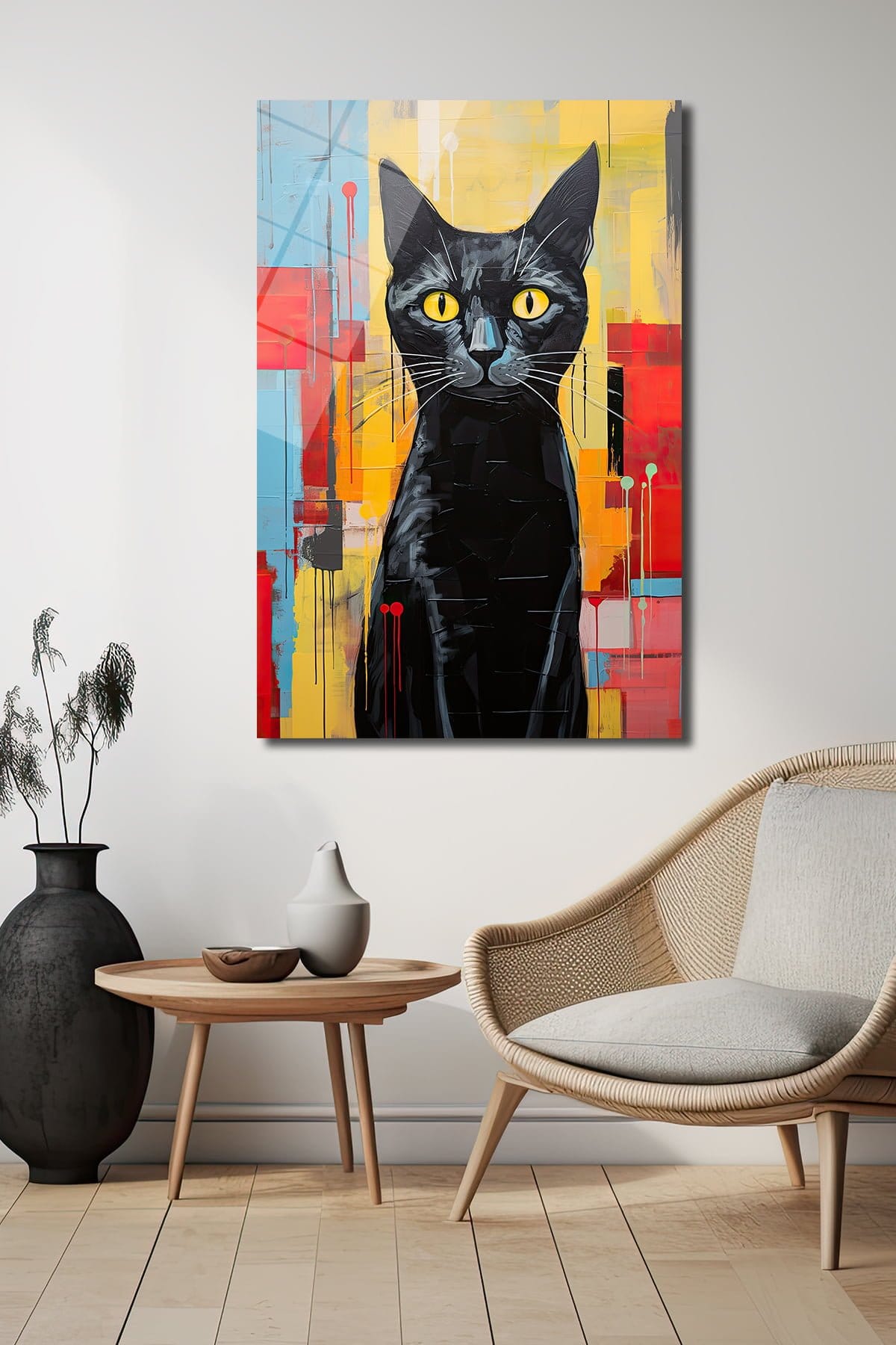 Gizemli Siyah Kedi: Soyut Renklerle Modern Temperli Cam Tablo Duvar Dekoru cam tablo, duvar sanatı, modern dekorasyon, soyut sanat, cam sanat eserleri, iç mekan dekorasyonu, ofis dekorasyonu, ev dekorasyonu, restoran dekorasyonu, cafe dekorasyonu, cam baskı, UV baskı, estetik duvar sanatı