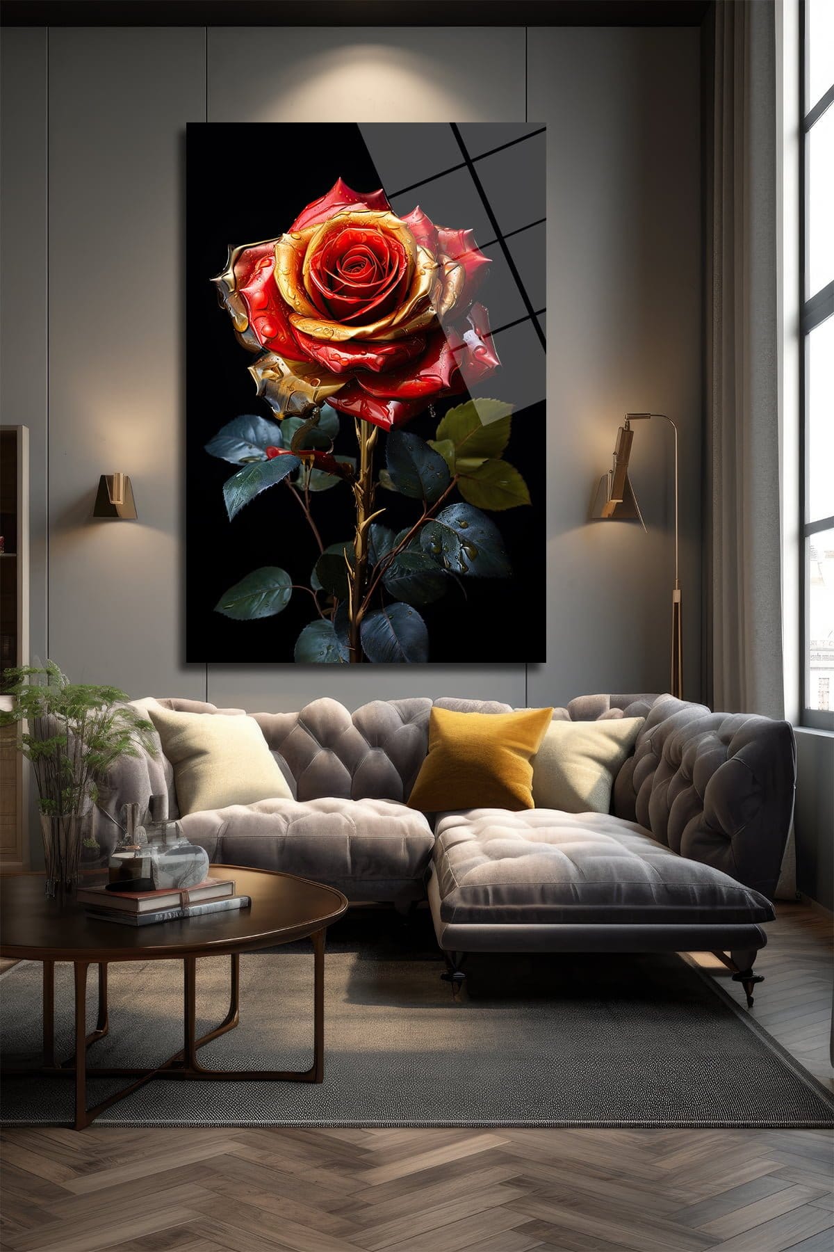 Altın Damlalı Kızıl Gül: Lüks Cam Tablo Duvar Dekoru cam tablo, duvar sanatı, modern dekorasyon, soyut sanat, cam sanat eserleri, iç mekan dekorasyonu, ofis dekorasyonu, ev dekorasyonu, restoran dekorasyonu, cafe dekorasyonu, cam baskı, UV baskı, estetik duvar sanatı