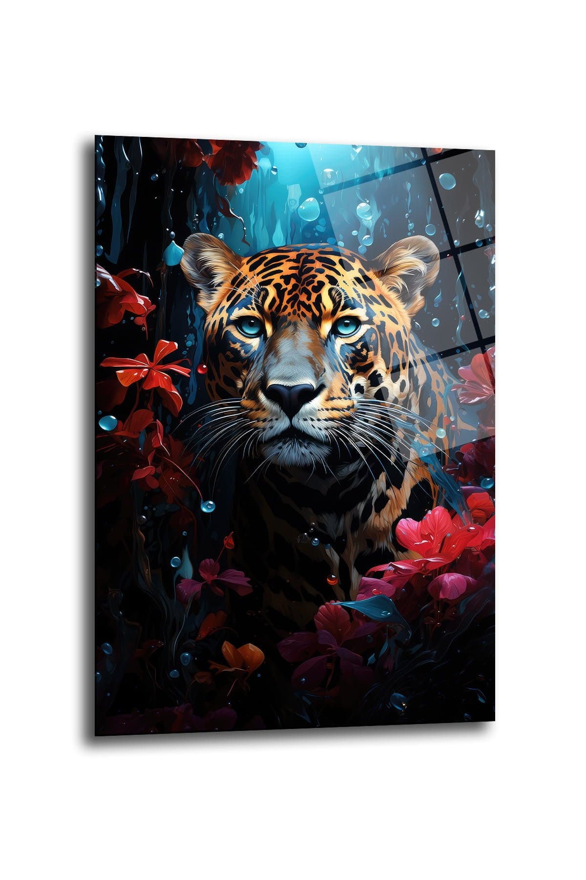 Gizemli Orman Leoparı: Büyüleyici Mavi Gözlerle Dekoratif Cam Tablo Duvar Dekoru cam tablo, duvar sanatı, modern dekorasyon, soyut sanat, cam sanat eserleri, iç mekan dekorasyonu, ofis dekorasyonu, ev dekorasyonu, restoran dekorasyonu, cafe dekorasyonu, cam baskı, UV baskı, estetik duvar sanatı