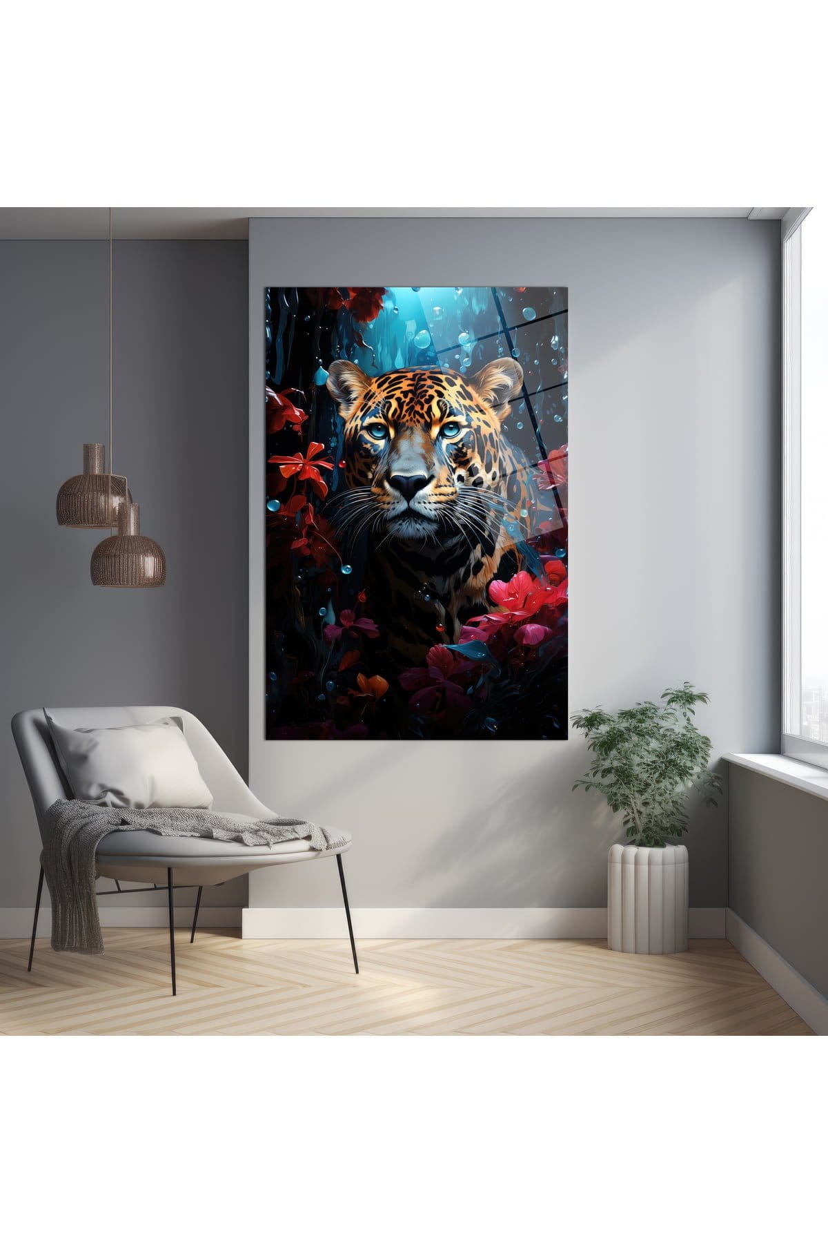 Gizemli Orman Leoparı: Büyüleyici Mavi Gözlerle Dekoratif Cam Tablo Duvar Dekoru cam tablo, duvar sanatı, modern dekorasyon, soyut sanat, cam sanat eserleri, iç mekan dekorasyonu, ofis dekorasyonu, ev dekorasyonu, restoran dekorasyonu, cafe dekorasyonu, cam baskı, UV baskı, estetik duvar sanatı