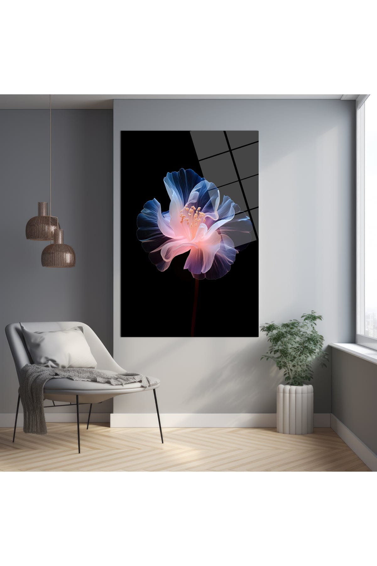 Ethereal Işık Çiçeği: Modern Şeffaf Cam Tablo Duvar Dekoru cam tablo, duvar sanatı, modern dekorasyon, soyut sanat, cam sanat eserleri, iç mekan dekorasyonu, ofis dekorasyonu, ev dekorasyonu, restoran dekorasyonu, cafe dekorasyonu, cam baskı, UV baskı, estetik duvar sanatı