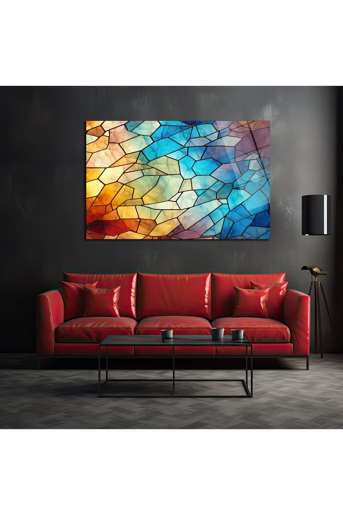 Işıltılı Spektrum: Modern Geometrik Cam Tablo Duvar Dekoru cam tablo, duvar sanatı, modern dekorasyon, soyut sanat, cam sanat eserleri, iç mekan dekorasyonu, ofis dekorasyonu, ev dekorasyonu, restoran dekorasyonu, cafe dekorasyonu, cam baskı, UV baskı, estetik duvar sanatı