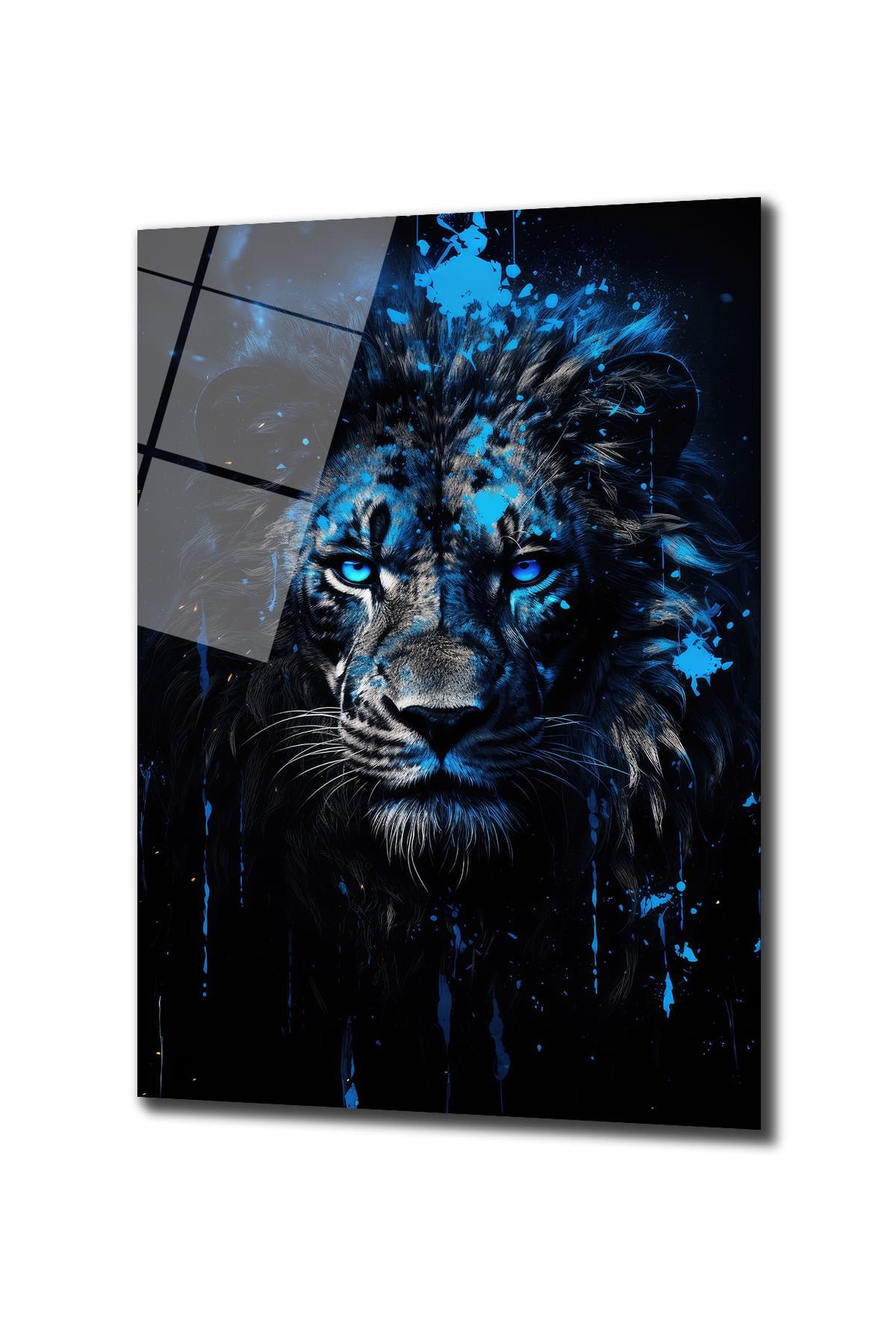 Mavi Alev Gözlü Aslan: Modern Sanat Temperli Cam Tablo Duvar Dekoru cam tablo, duvar sanatı, modern dekorasyon, soyut sanat, cam sanat eserleri, iç mekan dekorasyonu, ofis dekorasyonu, ev dekorasyonu, restoran dekorasyonu, cafe dekorasyonu, cam baskı, UV baskı, estetik duvar sanatı