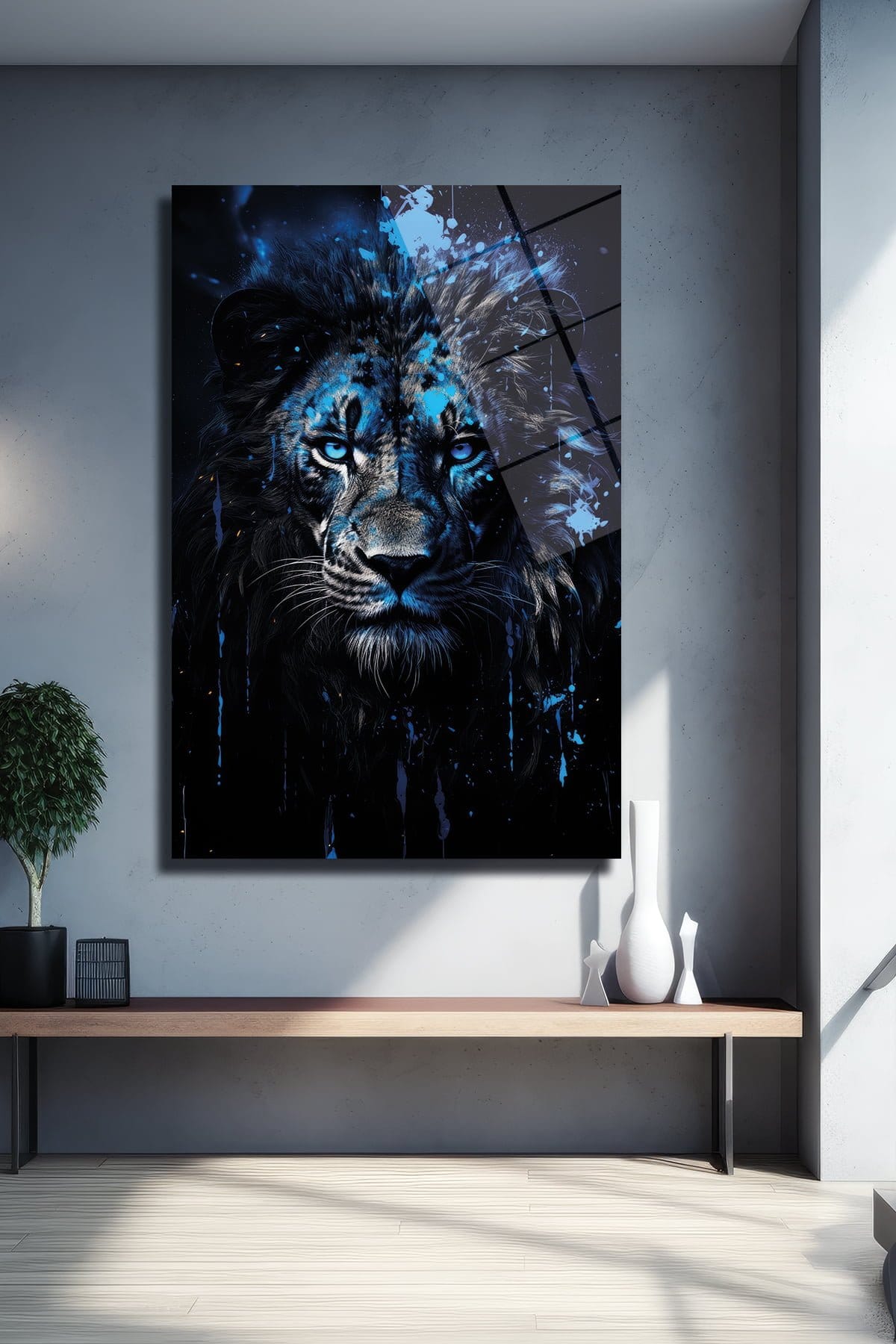 Mavi Alev Gözlü Aslan: Modern Sanat Temperli Cam Tablo Duvar Dekoru cam tablo, duvar sanatı, modern dekorasyon, soyut sanat, cam sanat eserleri, iç mekan dekorasyonu, ofis dekorasyonu, ev dekorasyonu, restoran dekorasyonu, cafe dekorasyonu, cam baskı, UV baskı, estetik duvar sanatı