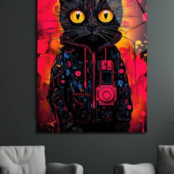 Neon Enerji: Kırmızı Sokak Sanatı Kedi Cam Tablo - Glazella Neon Enerji: Kırmızı Sokak Sanatı Kedi Cam Tablo - Glazella