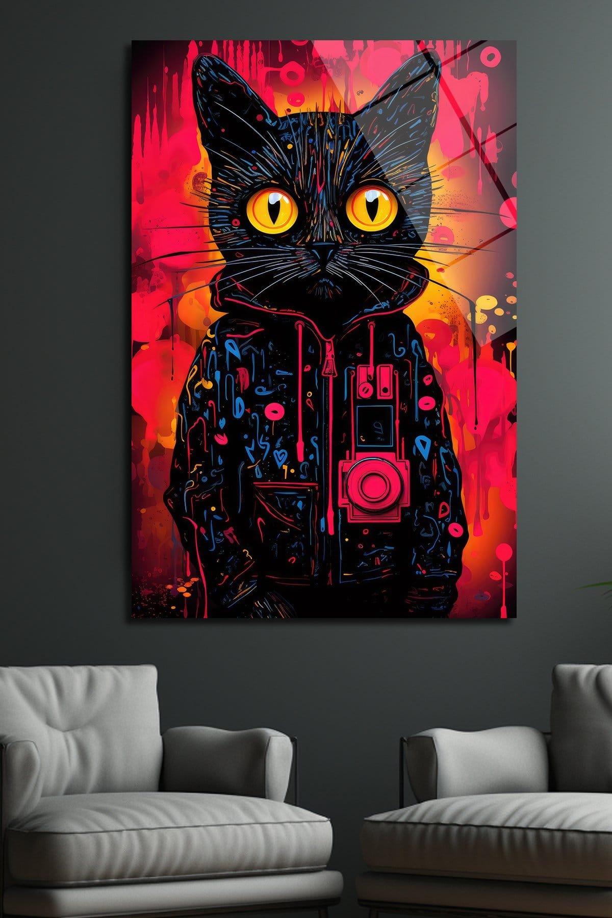 Neon Enerji: Kırmızı Sokak Sanatı Kedi Cam Tablo Duvar Dekoru cam tablo, duvar sanatı, modern dekorasyon, soyut sanat, cam sanat eserleri, iç mekan dekorasyonu, ofis dekorasyonu, ev dekorasyonu, restoran dekorasyonu, cafe dekorasyonu, cam baskı, UV baskı, estetik duvar sanatı