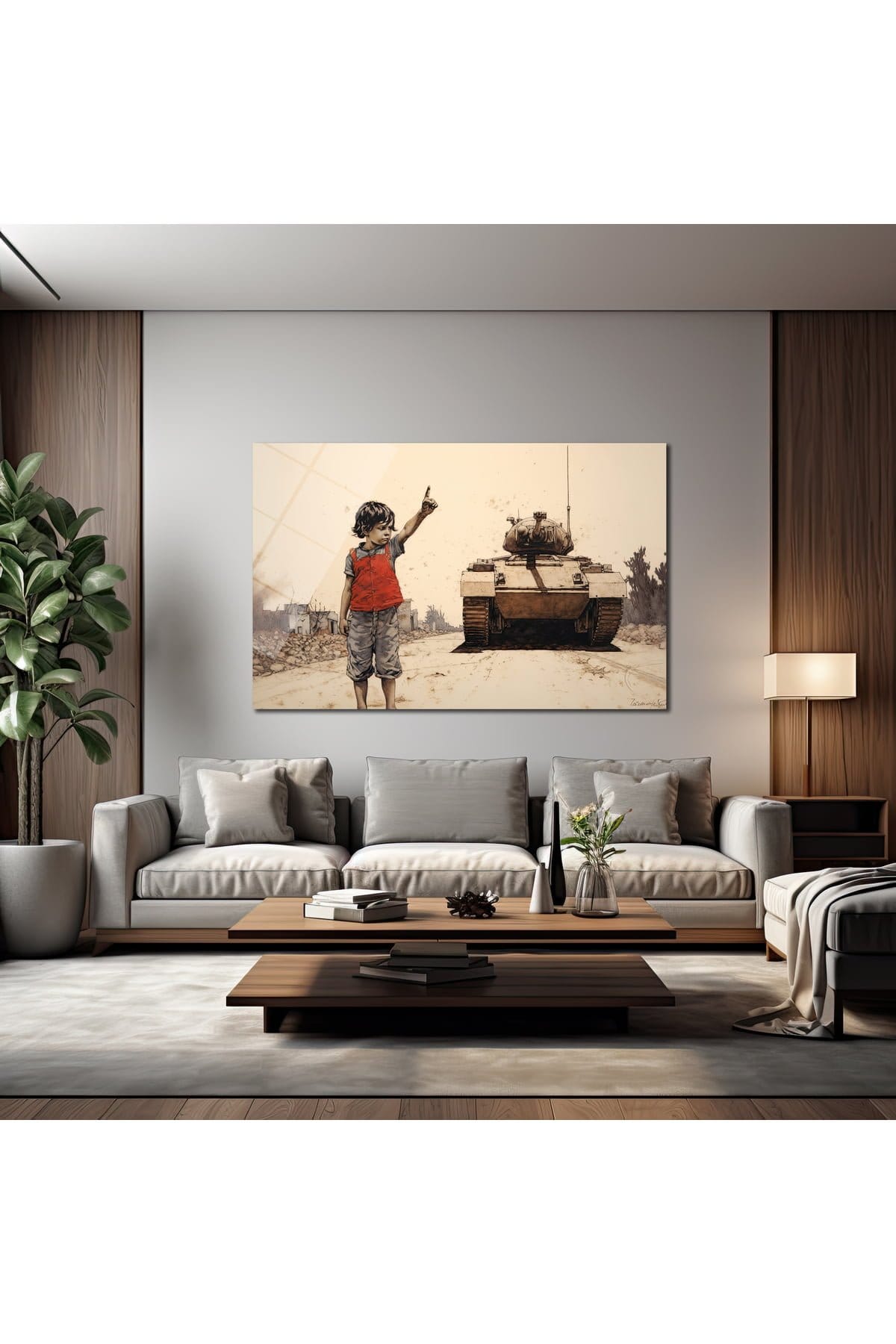 Umut Işığı: Çocuk ve Tank Temalı Sanatsal Dekoratif Cam Tablo Duvar Dekoru cam tablo, duvar sanatı, modern dekorasyon, soyut sanat, cam sanat eserleri, iç mekan dekorasyonu, ofis dekorasyonu, ev dekorasyonu, restoran dekorasyonu, cafe dekorasyonu, cam baskı, UV baskı, estetik duvar sanatı
