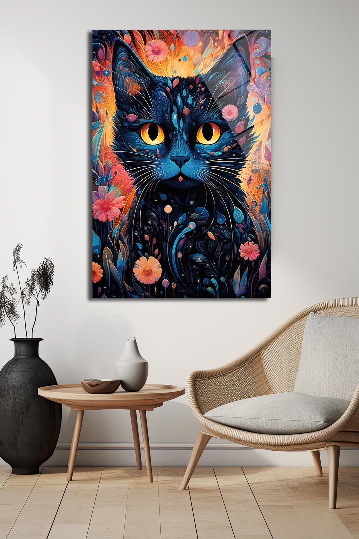 Büyülü Bakışlar: Canlı Renkler ve Soyut Çiçeklerle Kara Kedi Cam Tablo Duvar Dekoru cam tablo, duvar sanatı, modern dekorasyon, soyut sanat, cam sanat eserleri, iç mekan dekorasyonu, ofis dekorasyonu, ev dekorasyonu, restoran dekorasyonu, cafe dekorasyonu, cam baskı, UV baskı, estetik duvar sanatı