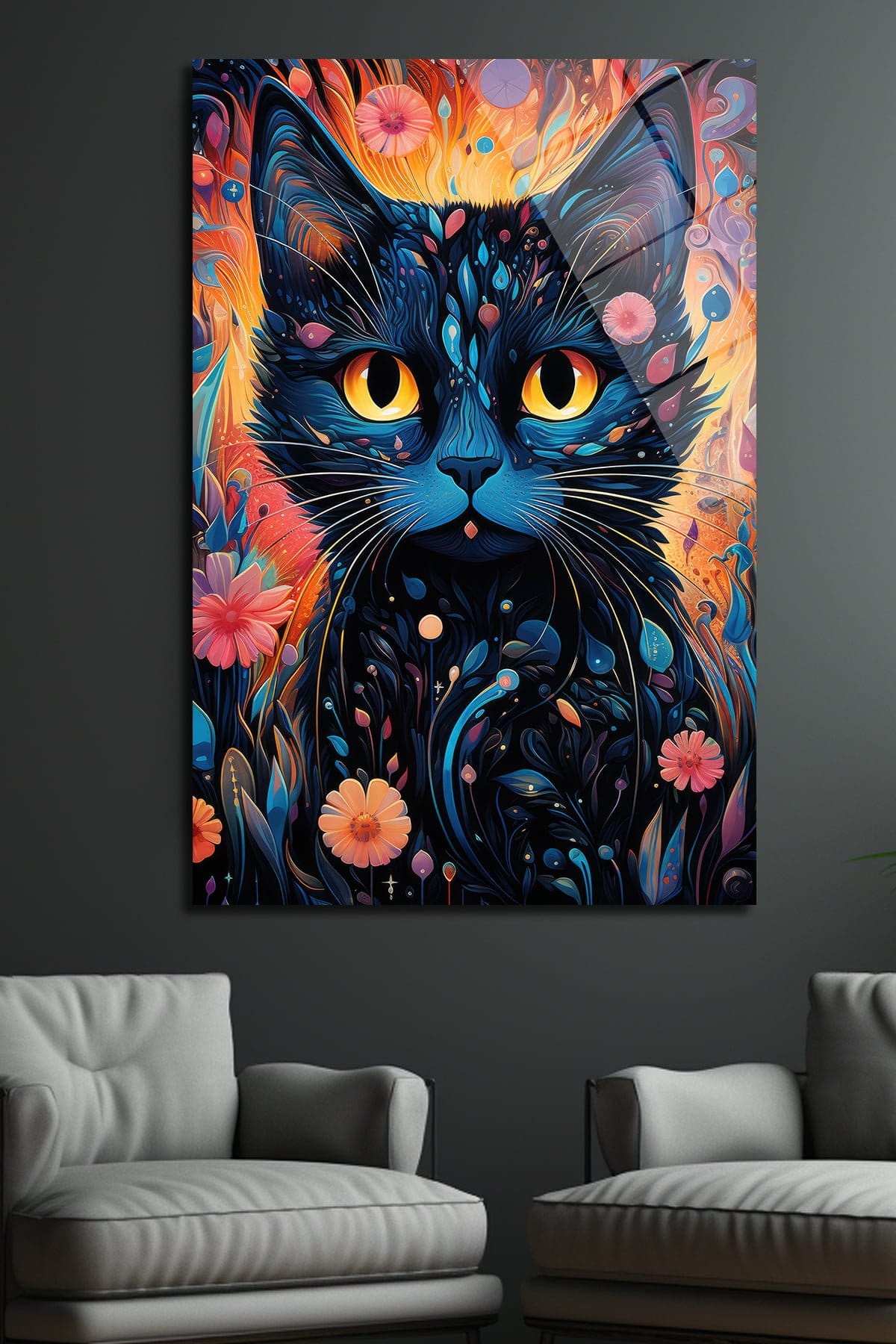 Büyülü Bakışlar: Canlı Renkler ve Soyut Çiçeklerle Kara Kedi Cam Tablo Duvar Dekoru cam tablo, duvar sanatı, modern dekorasyon, soyut sanat, cam sanat eserleri, iç mekan dekorasyonu, ofis dekorasyonu, ev dekorasyonu, restoran dekorasyonu, cafe dekorasyonu, cam baskı, UV baskı, estetik duvar sanatı