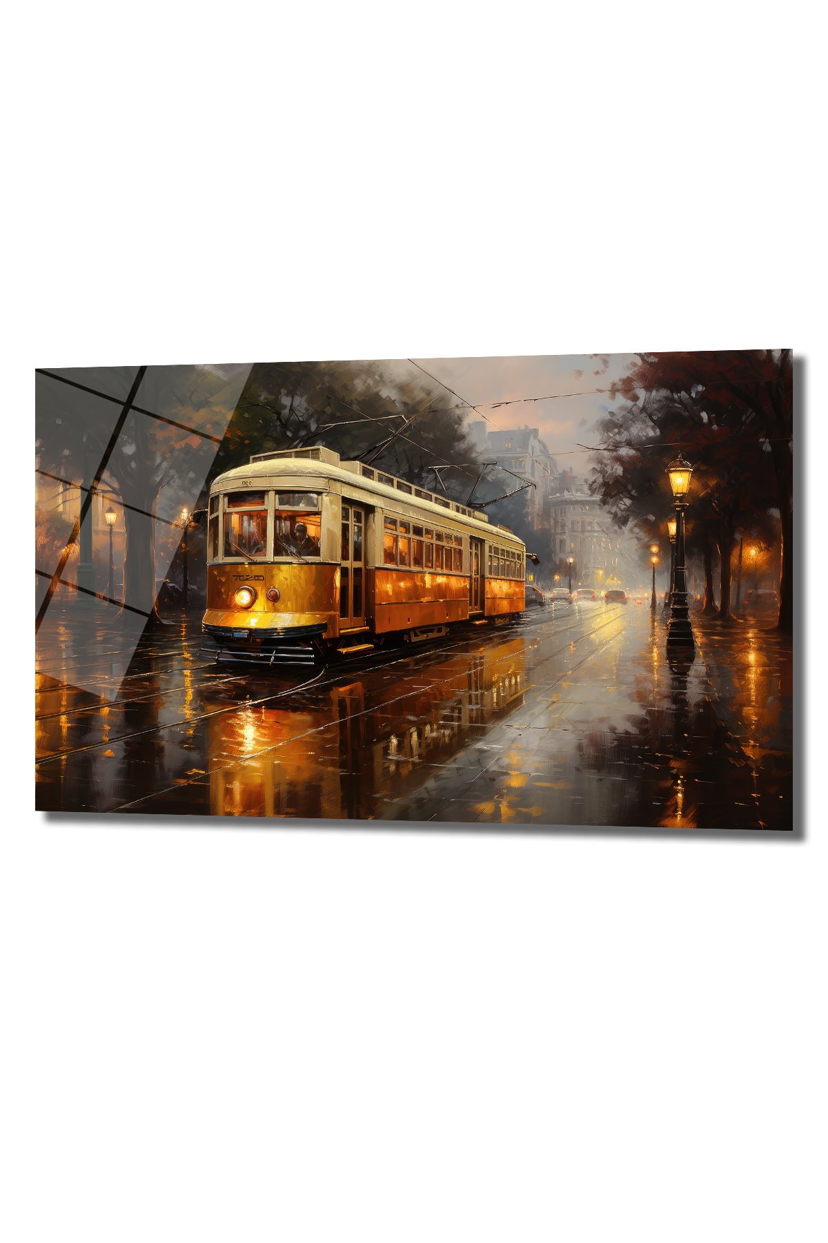 Altın Işıklar Altında Tramvay: Yağmurlu Şehir Manzarası Cam Tablo Duvar Dekoru cam tablo, duvar sanatı, modern dekorasyon, soyut sanat, cam sanat eserleri, iç mekan dekorasyonu, ofis dekorasyonu, ev dekorasyonu, restoran dekorasyonu, cafe dekorasyonu, cam baskı, UV baskı, estetik duvar sanatı