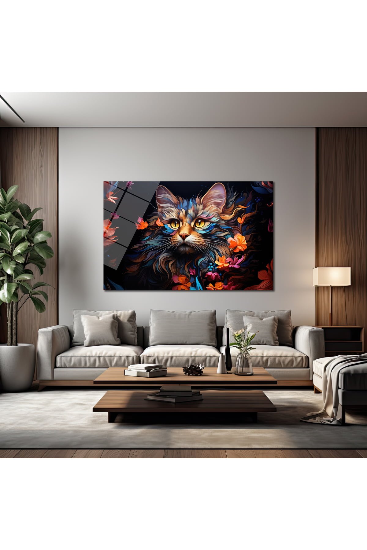 Büyüleyici Renklerin Dansı: Sanatsal Kedi Tasarımlı Temperli Cam Tablo Duvar Dekoru cam tablo, duvar sanatı, modern dekorasyon, soyut sanat, cam sanat eserleri, iç mekan dekorasyonu, ofis dekorasyonu, ev dekorasyonu, restoran dekorasyonu, cafe dekorasyonu, cam baskı, UV baskı, estetik duvar sanatı