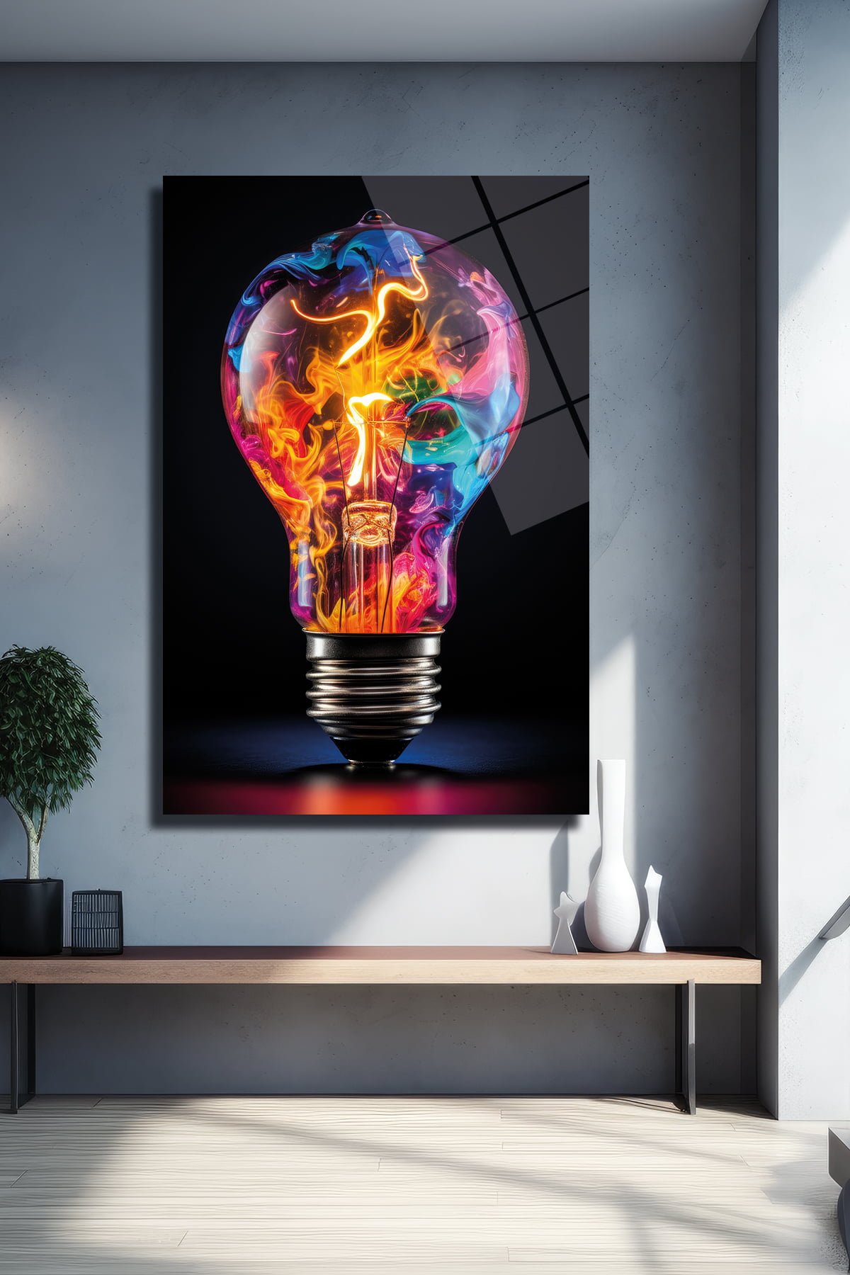 Enerji Patlaması: Renkli Işık Ampulü Modern Temperli Cam Tablo Duvar Dekoru cam tablo, duvar sanatı, modern dekorasyon, soyut sanat, cam sanat eserleri, iç mekan dekorasyonu, ofis dekorasyonu, ev dekorasyonu, restoran dekorasyonu, cafe dekorasyonu, cam baskı, UV baskı, estetik duvar sanatı