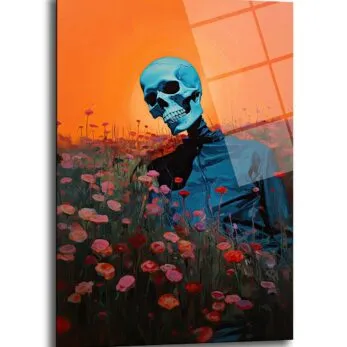 Gün Batımı Çiçek Tarlasında Mavi İskelet: Modern Sanat Cam Tablo - Glazella