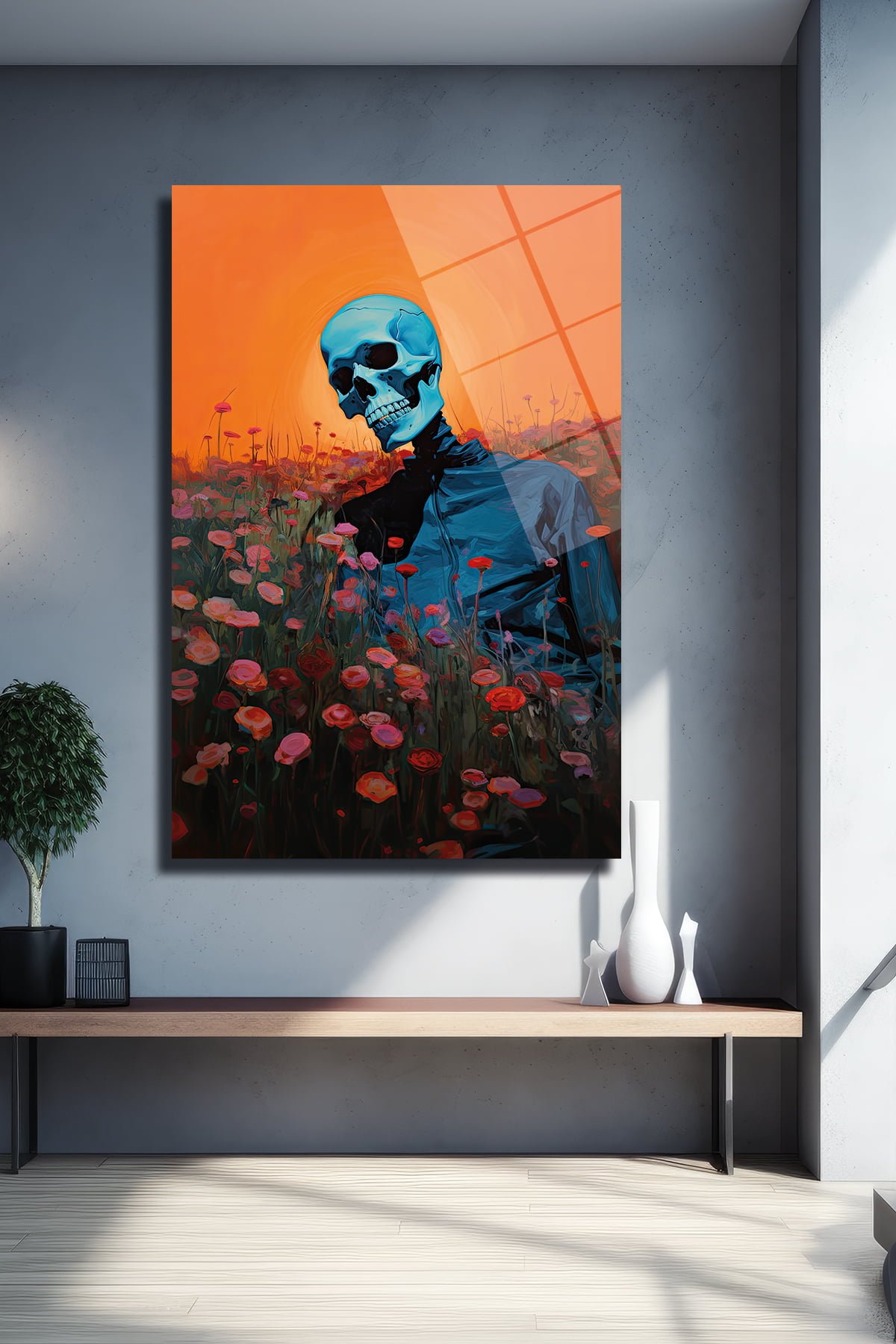 Gün Batımı Çiçek Tarlasında Mavi İskelet: Modern Sanat Cam Tablo Duvar Dekoru cam tablo, duvar sanatı, modern dekorasyon, soyut sanat, cam sanat eserleri, iç mekan dekorasyonu, ofis dekorasyonu, ev dekorasyonu, restoran dekorasyonu, cafe dekorasyonu, cam baskı, UV baskı, estetik duvar sanatı
