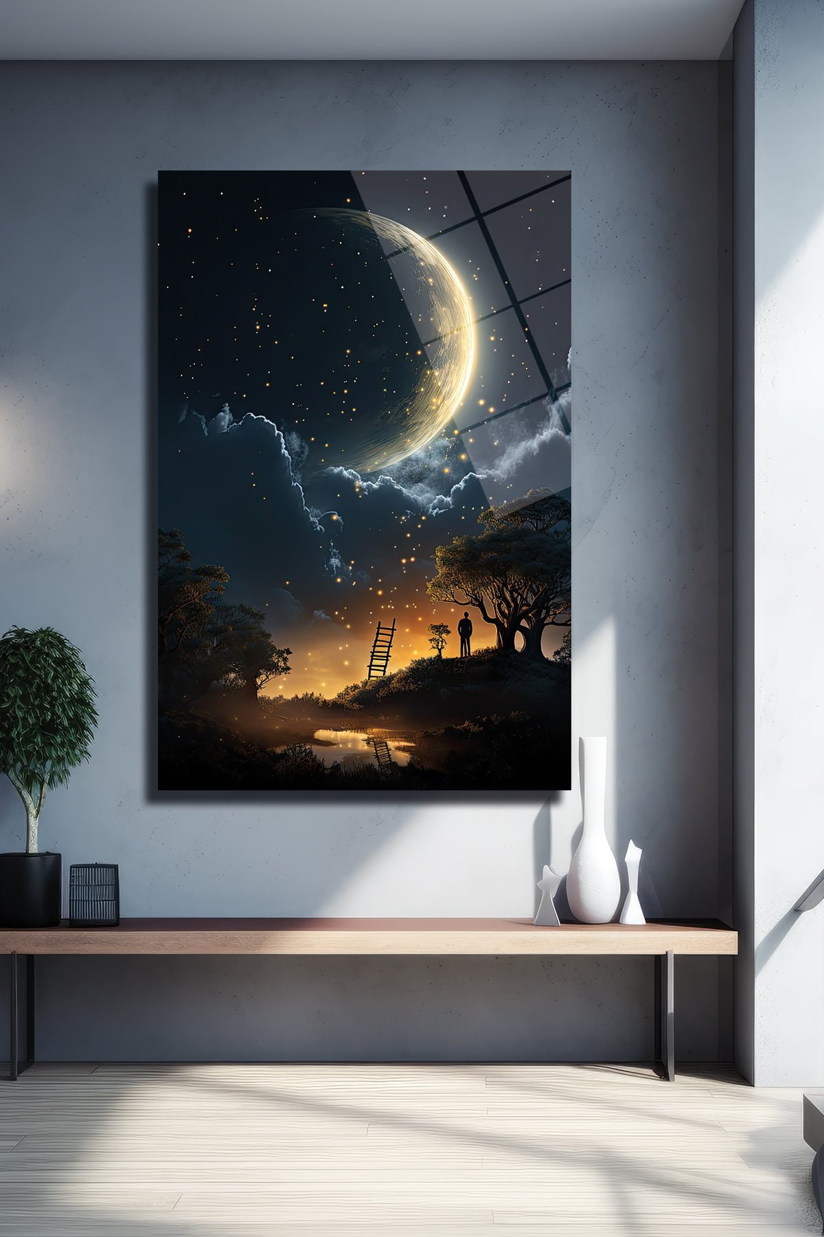 Ay Işığına Merdiven: Rüya Gibi Cam Tablo Duvar Dekoru cam tablo, duvar sanatı, modern dekorasyon, soyut sanat, cam sanat eserleri, iç mekan dekorasyonu, ofis dekorasyonu, ev dekorasyonu, restoran dekorasyonu, cafe dekorasyonu, cam baskı, UV baskı, estetik duvar sanatı