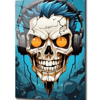 Rebel Ruhu: Kulaklıklı Skull Cam Tablo - Modern Duvar Sanatı - Glazella