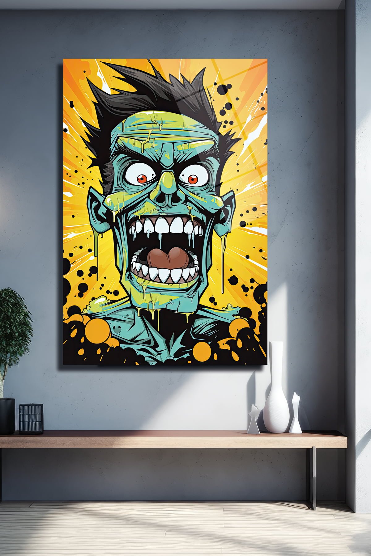 Çığlık Atan Enerji: Pop Art Zombi Temalı Modern Cam Tablo Duvar Dekoru cam tablo, duvar sanatı, modern dekorasyon, soyut sanat, cam sanat eserleri, iç mekan dekorasyonu, ofis dekorasyonu, ev dekorasyonu, restoran dekorasyonu, cafe dekorasyonu, cam baskı, UV baskı, estetik duvar sanatı