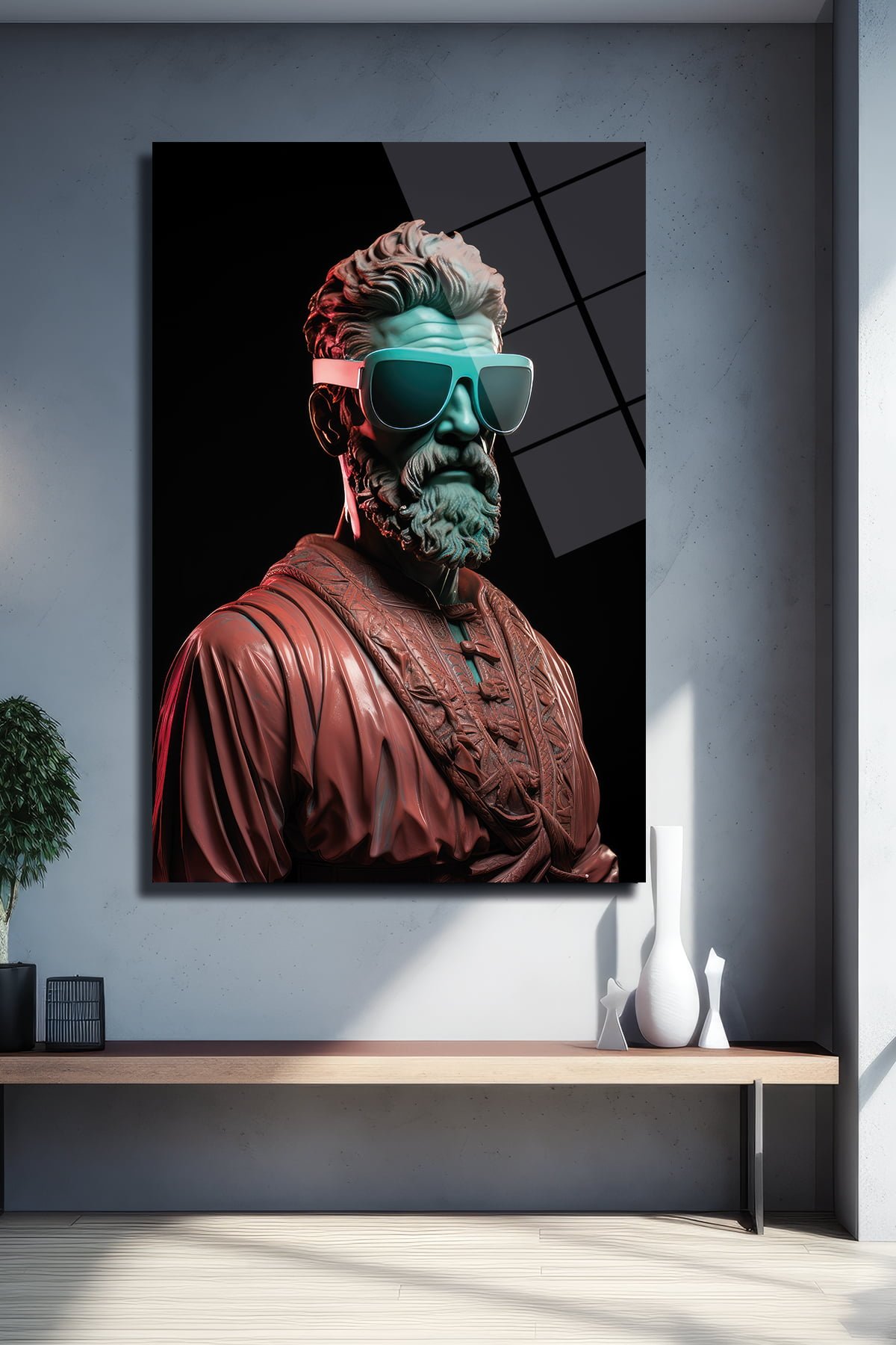 Neo-Klasik Asi: Neon Işıklı Filozof Büst Cam Tablo Duvar Dekoru cam tablo, duvar sanatı, modern dekorasyon, soyut sanat, cam sanat eserleri, iç mekan dekorasyonu, ofis dekorasyonu, ev dekorasyonu, restoran dekorasyonu, cafe dekorasyonu, cam baskı, UV baskı, estetik duvar sanatı