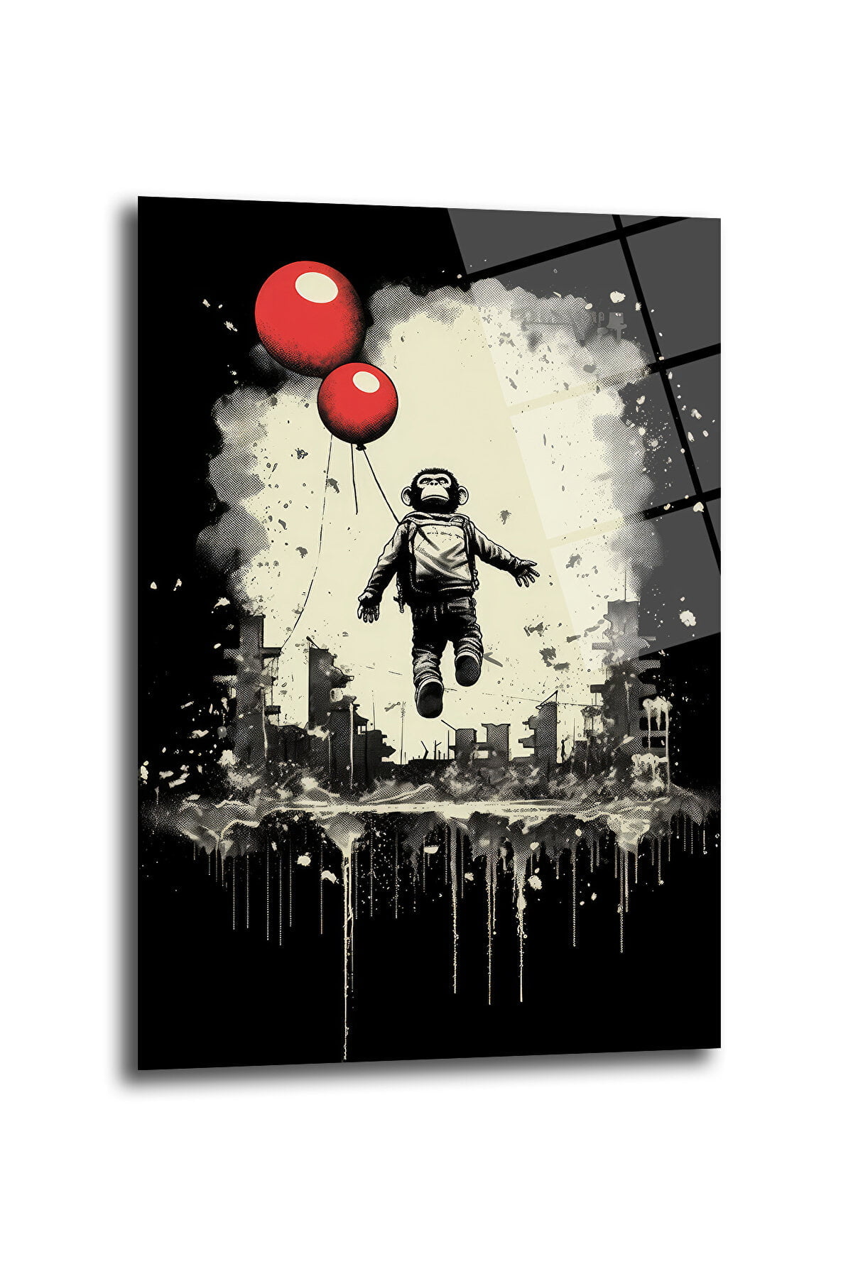 Özgürlük Uçuşu: Banksy Esintili Maymun ve Kırmızı Balonlar Cam Tablo Duvar Dekoru cam tablo, duvar sanatı, modern dekorasyon, soyut sanat, cam sanat eserleri, iç mekan dekorasyonu, ofis dekorasyonu, ev dekorasyonu, restoran dekorasyonu, cafe dekorasyonu, cam baskı, UV baskı, estetik duvar sanatı