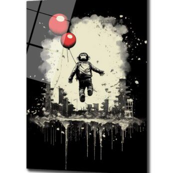 Özgürlük Uçuşu: Banksy Esintili Maymun ve Kırmızı Balonlar Cam Tablo - Glazella