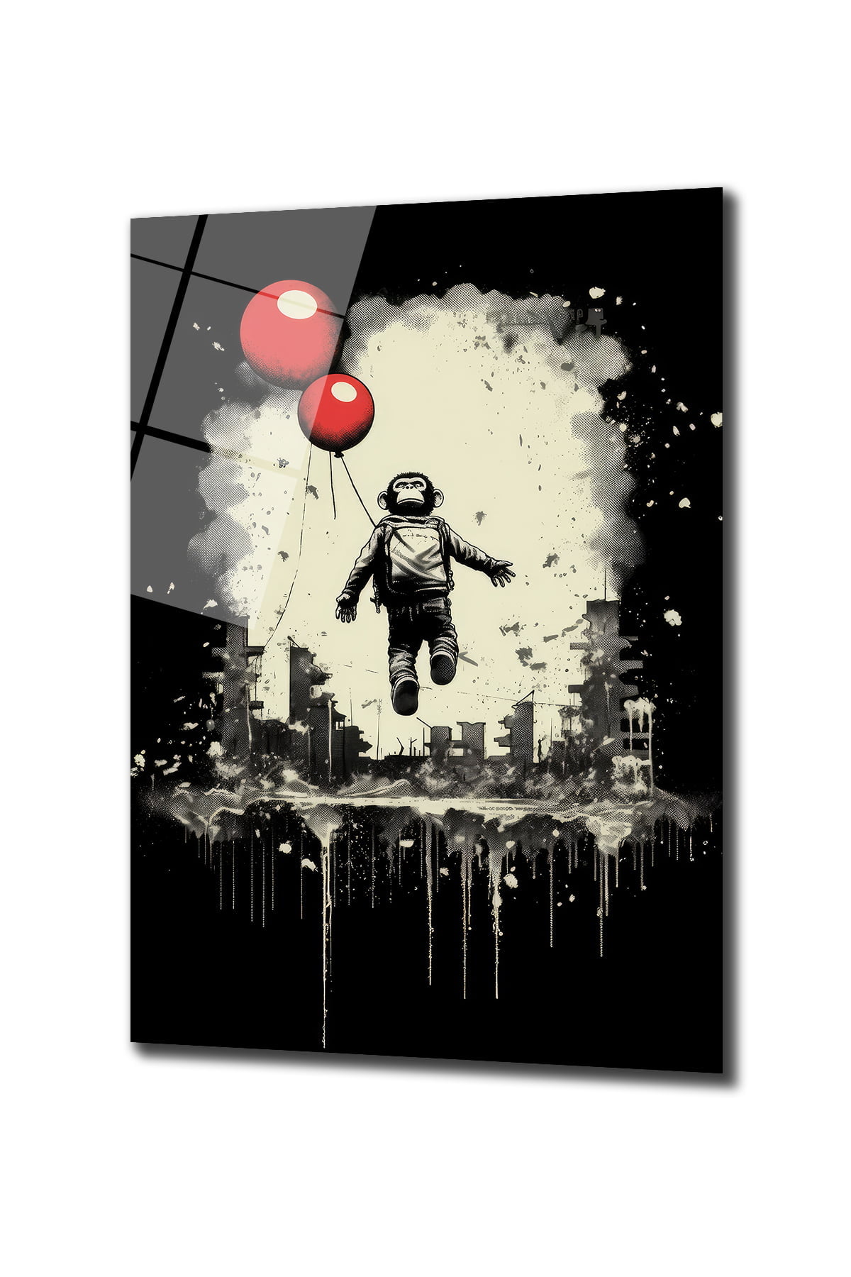 Özgürlük Uçuşu: Banksy Esintili Maymun ve Kırmızı Balonlar Cam Tablo Duvar Dekoru cam tablo, duvar sanatı, modern dekorasyon, soyut sanat, cam sanat eserleri, iç mekan dekorasyonu, ofis dekorasyonu, ev dekorasyonu, restoran dekorasyonu, cafe dekorasyonu, cam baskı, UV baskı, estetik duvar sanatı