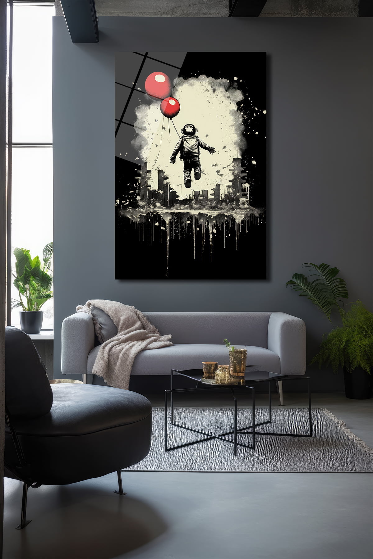 Özgürlük Uçuşu: Banksy Esintili Maymun ve Kırmızı Balonlar Cam Tablo Duvar Dekoru cam tablo, duvar sanatı, modern dekorasyon, soyut sanat, cam sanat eserleri, iç mekan dekorasyonu, ofis dekorasyonu, ev dekorasyonu, restoran dekorasyonu, cafe dekorasyonu, cam baskı, UV baskı, estetik duvar sanatı