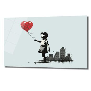 Umut Balonu: Kırmızı Kalpli Kız Banksy Tarzı Modern Cam Tablo - Glazella