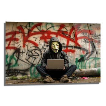 Anonim Güç: Urban Hacker Temalı Dekoratif Cam Tablo - Glazella