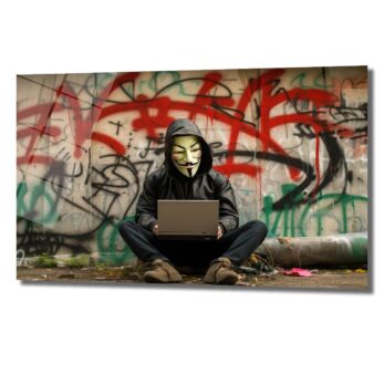 Anonim Güç: Urban Hacker Temalı Dekoratif Cam Tablo - Glazella