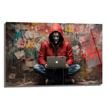 Siber Güç ve Sanat: Kırmızı Kapüşonlu Hacker Modern Cam Tablo - Glazella