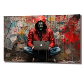 Siber Güç ve Sanat: Kırmızı Kapüşonlu Hacker Modern Cam Tablo - Glazella