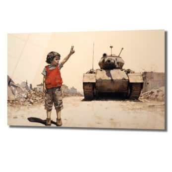 Barışın Simgesi: Çocuk ve Tank Temalı Modern Sanat Cam Tablo - Glazella