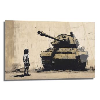 Masumiyetin Direnişi: Banksy Tarzı Çocuk ve Tank Cam Tablo - Glazella