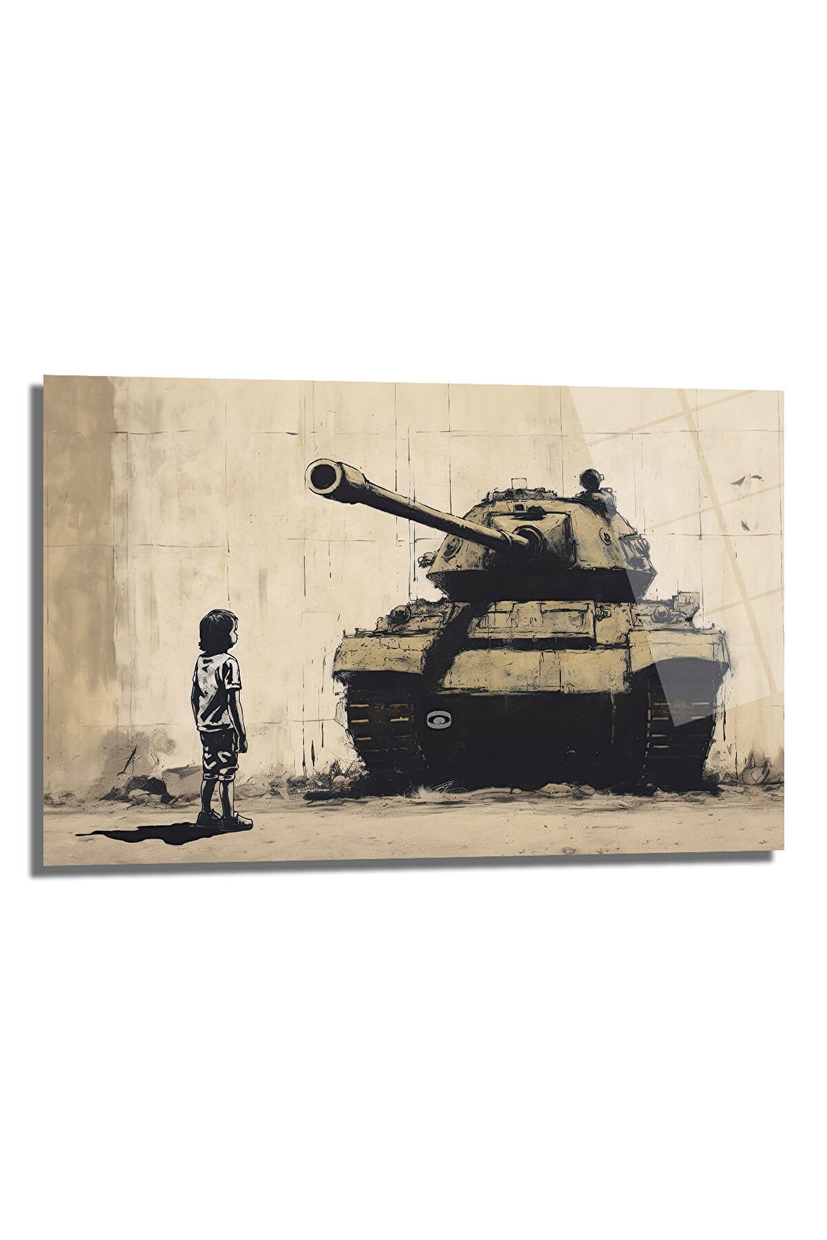 Masumiyetin Direnişi: Banksy Tarzı Çocuk ve Tank Cam Tablo Duvar Dekoru cam tablo, duvar sanatı, modern dekorasyon, soyut sanat, cam sanat eserleri, iç mekan dekorasyonu, ofis dekorasyonu, ev dekorasyonu, restoran dekorasyonu, cafe dekorasyonu, cam baskı, UV baskı, estetik duvar sanatı