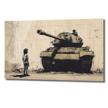 Masumiyetin Direnişi: Banksy Tarzı Çocuk ve Tank Cam Tablo - Glazella