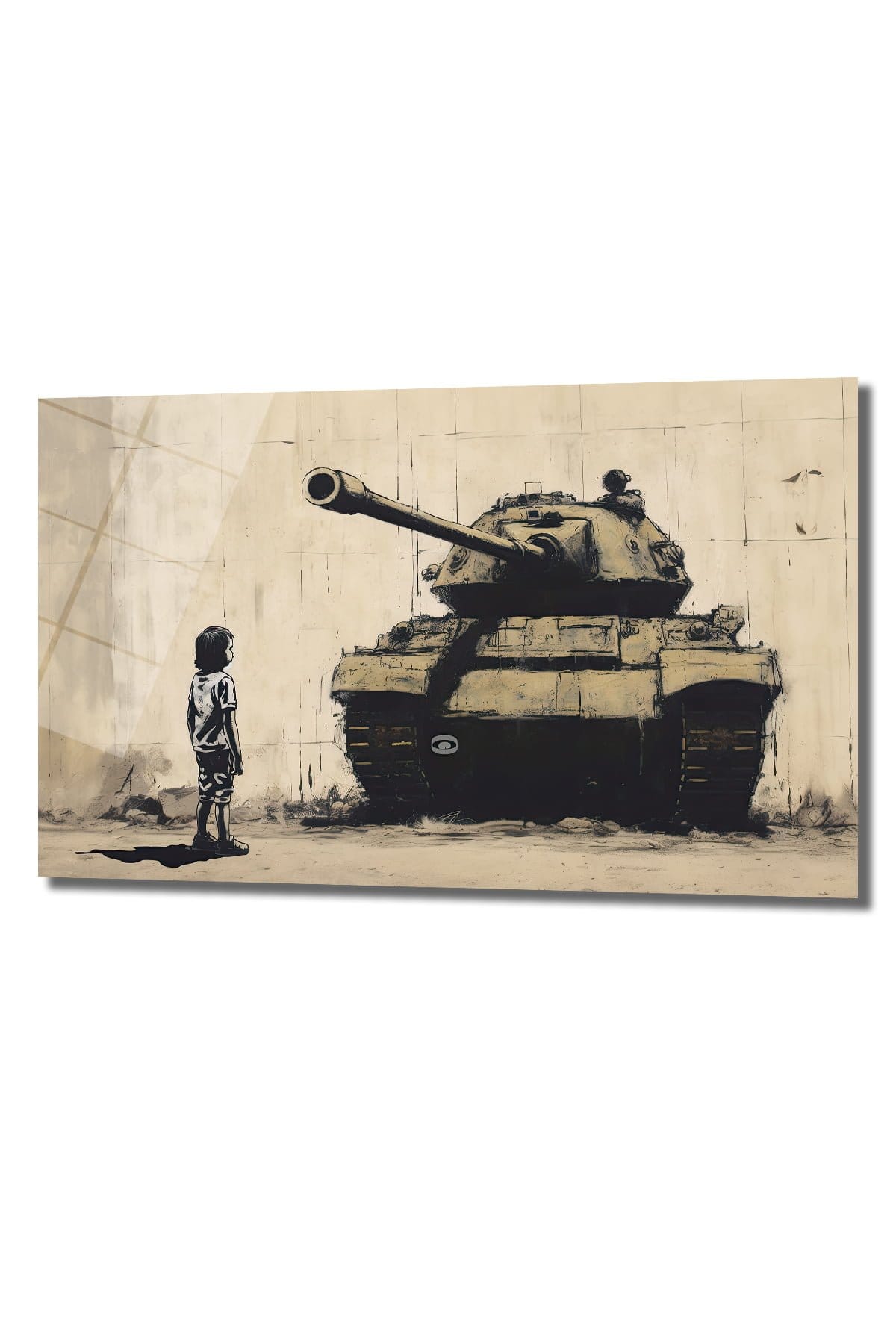 Masumiyetin Direnişi: Banksy Tarzı Çocuk ve Tank Cam Tablo Duvar Dekoru cam tablo, duvar sanatı, modern dekorasyon, soyut sanat, cam sanat eserleri, iç mekan dekorasyonu, ofis dekorasyonu, ev dekorasyonu, restoran dekorasyonu, cafe dekorasyonu, cam baskı, UV baskı, estetik duvar sanatı