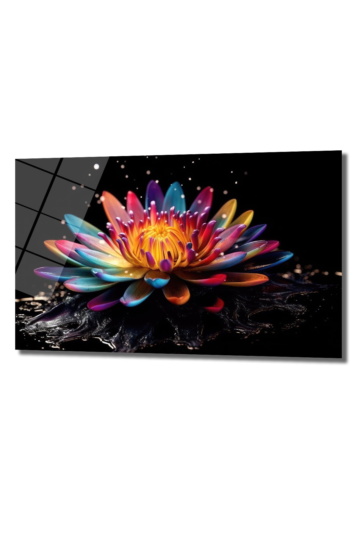 Gökkuşağı Lotus: Büyüleyici Renkleriyle Modern Cam Tablo Duvar Dekoru cam tablo, duvar sanatı, modern dekorasyon, soyut sanat, cam sanat eserleri, iç mekan dekorasyonu, ofis dekorasyonu, ev dekorasyonu, restoran dekorasyonu, cafe dekorasyonu, cam baskı, UV baskı, estetik duvar sanatı