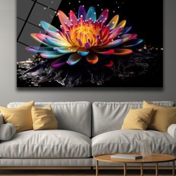 Gökkuşağı Lotus: Büyüleyici Renkleriyle Modern Cam Tablo - Glazella
