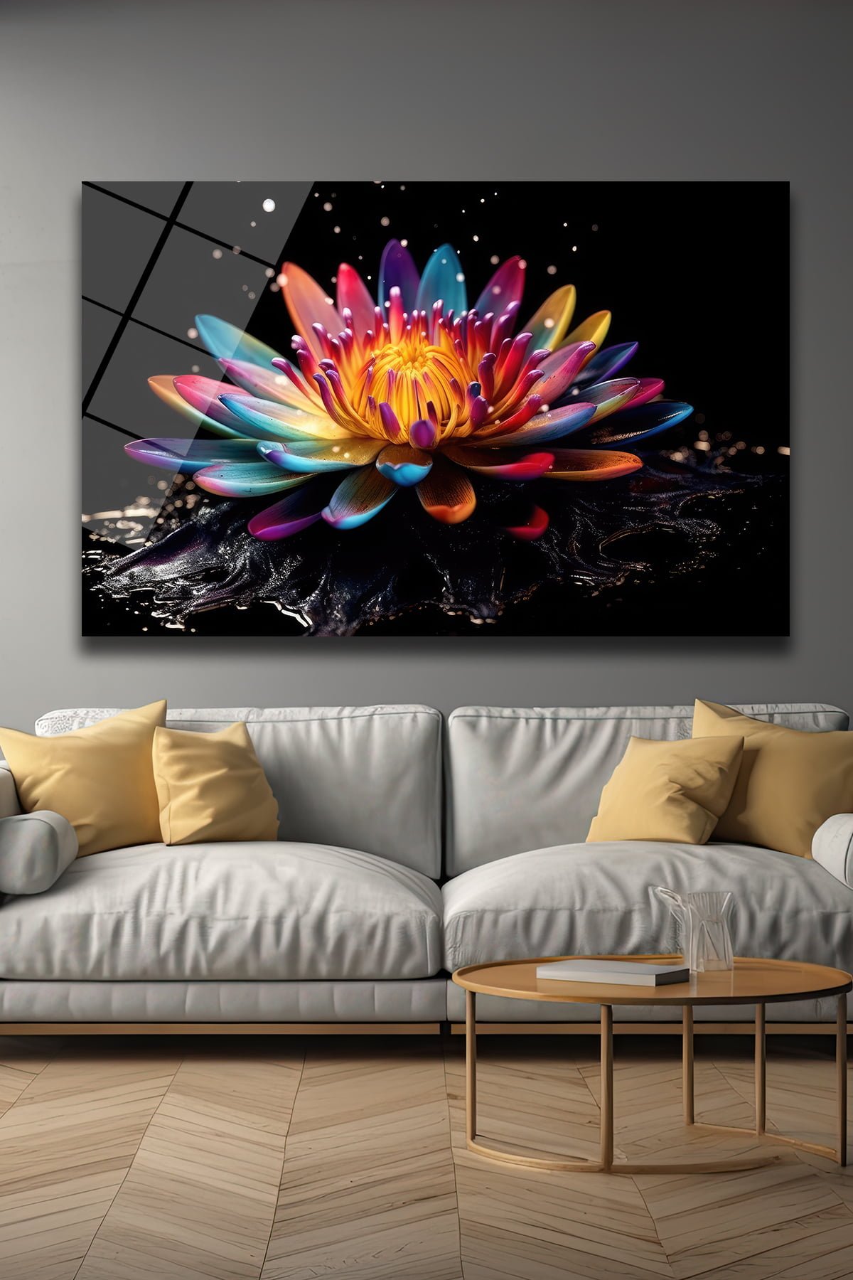 Gökkuşağı Lotus: Büyüleyici Renkleriyle Modern Cam Tablo Duvar Dekoru cam tablo, duvar sanatı, modern dekorasyon, soyut sanat, cam sanat eserleri, iç mekan dekorasyonu, ofis dekorasyonu, ev dekorasyonu, restoran dekorasyonu, cafe dekorasyonu, cam baskı, UV baskı, estetik duvar sanatı
