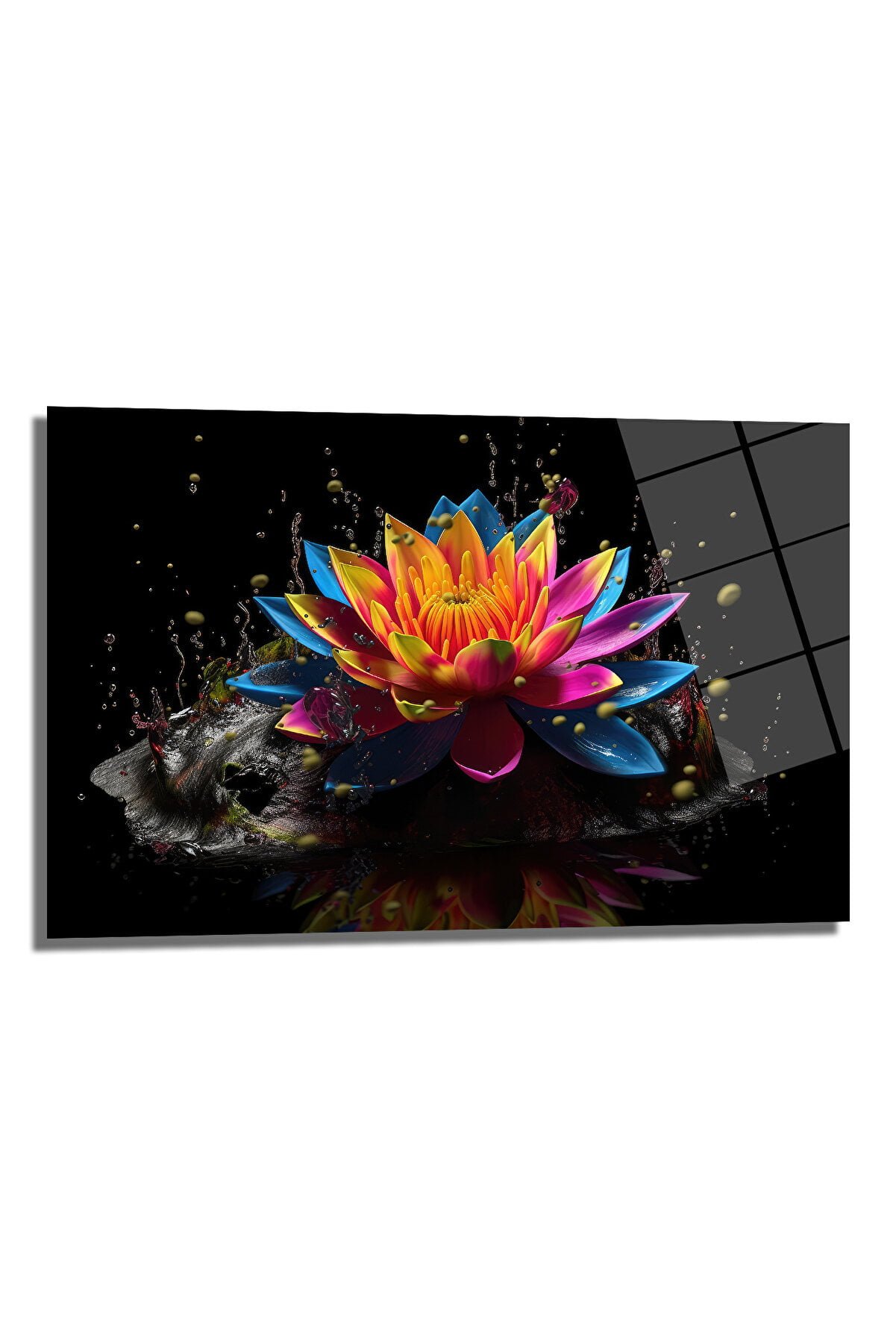 Renkli Lotus Çiçeği: Su Sıçraması Temalı Modern Cam Tablo Duvar Dekoru cam tablo, duvar sanatı, modern dekorasyon, soyut sanat, cam sanat eserleri, iç mekan dekorasyonu, ofis dekorasyonu, ev dekorasyonu, restoran dekorasyonu, cafe dekorasyonu, cam baskı, UV baskı, estetik duvar sanatı