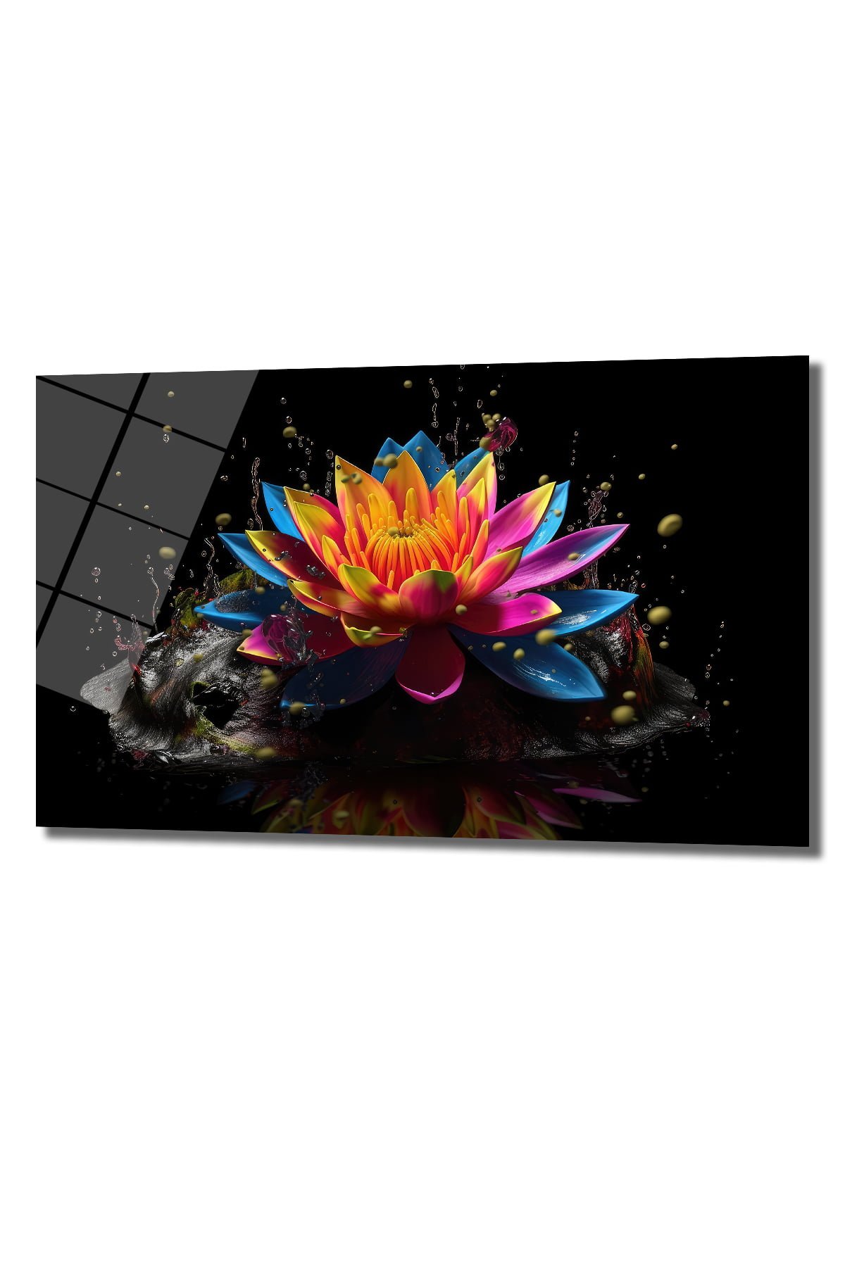 Renkli Lotus Çiçeği: Su Sıçraması Temalı Modern Cam Tablo Duvar Dekoru cam tablo, duvar sanatı, modern dekorasyon, soyut sanat, cam sanat eserleri, iç mekan dekorasyonu, ofis dekorasyonu, ev dekorasyonu, restoran dekorasyonu, cafe dekorasyonu, cam baskı, UV baskı, estetik duvar sanatı