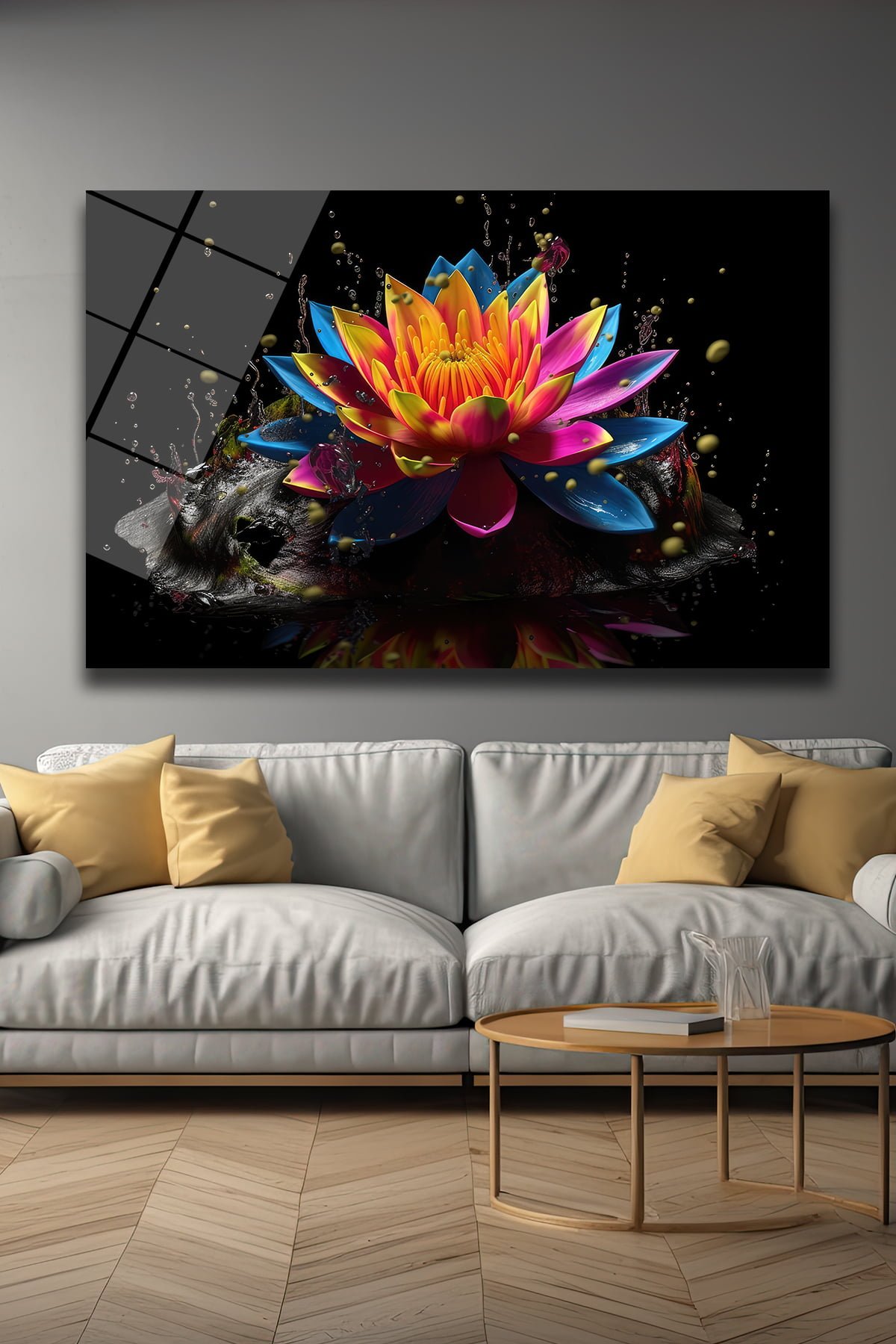 Renkli Lotus Çiçeği: Su Sıçraması Temalı Modern Cam Tablo Duvar Dekoru cam tablo, duvar sanatı, modern dekorasyon, soyut sanat, cam sanat eserleri, iç mekan dekorasyonu, ofis dekorasyonu, ev dekorasyonu, restoran dekorasyonu, cafe dekorasyonu, cam baskı, UV baskı, estetik duvar sanatı
