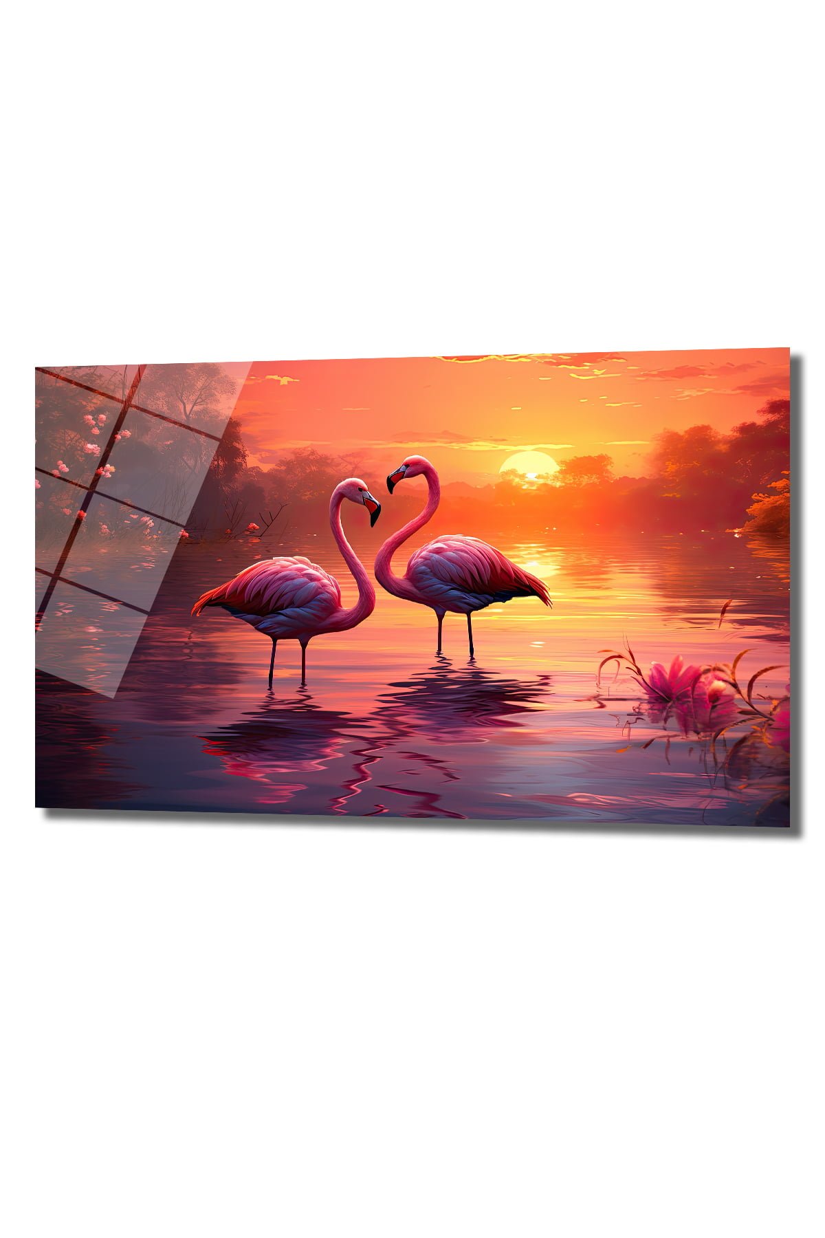 Aşkın Dansı: Gün Batımında Flamingo Çifti Cam Tablo Duvar Dekoru cam tablo, duvar sanatı, modern dekorasyon, soyut sanat, cam sanat eserleri, iç mekan dekorasyonu, ofis dekorasyonu, ev dekorasyonu, restoran dekorasyonu, cafe dekorasyonu, cam baskı, UV baskı, estetik duvar sanatı