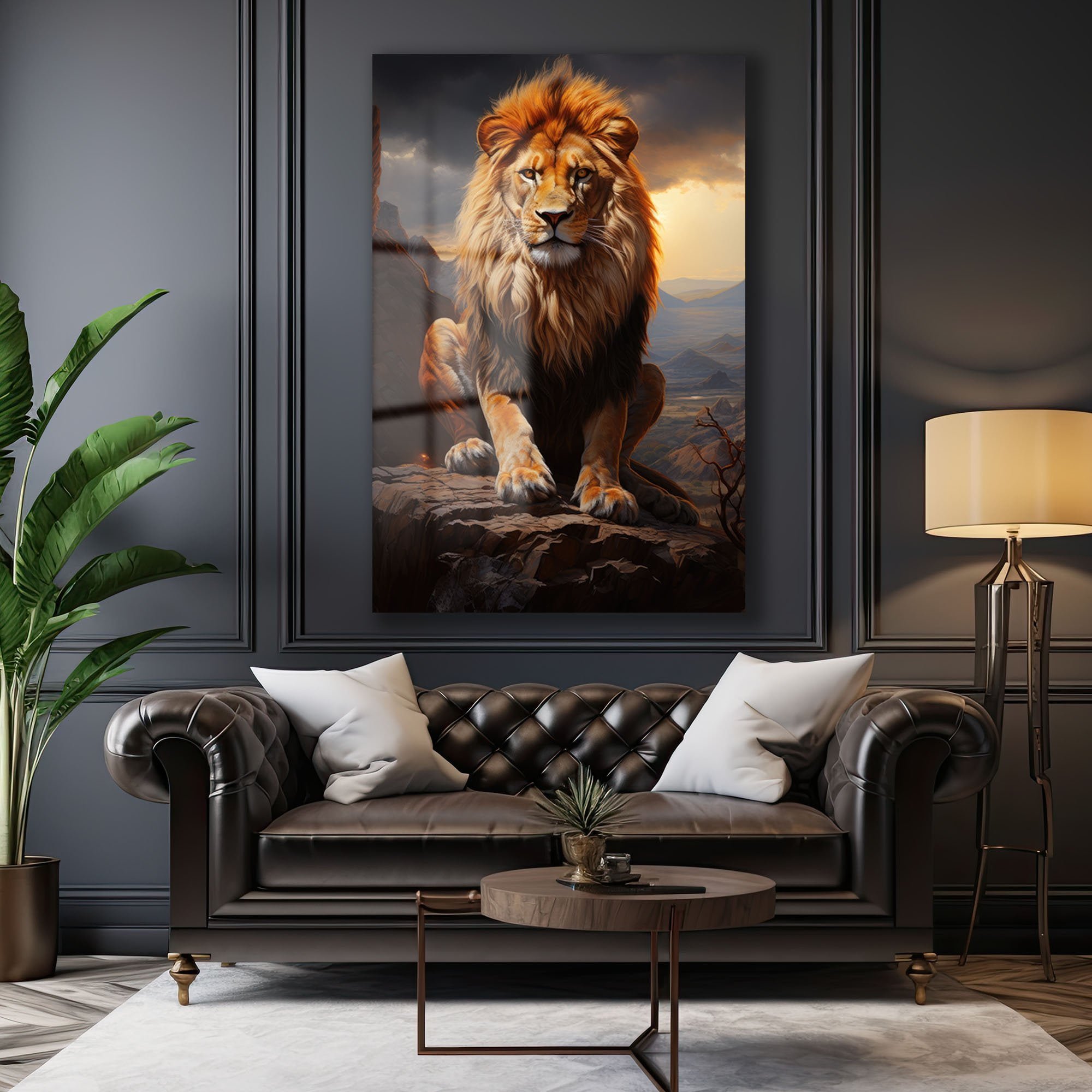 Savannah'ın Hükümdarı: Görkemli Aslan Cam Tablo Duvar Dekoru cam tablo, duvar sanatı, modern dekorasyon, soyut sanat, cam sanat eserleri, iç mekan dekorasyonu, ofis dekorasyonu, ev dekorasyonu, restoran dekorasyonu, cafe dekorasyonu, cam baskı, UV baskı, estetik duvar sanatı