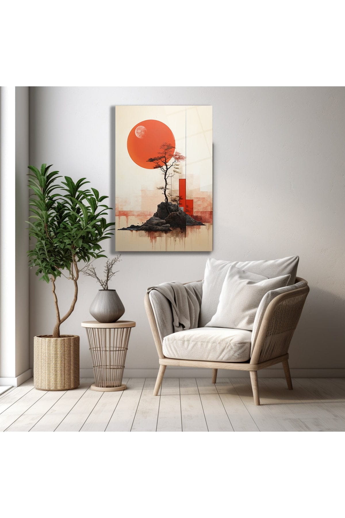 Kızıl Ufuk ve Bonsai: Japon Minimalist Modern Cam Tablo Duvar Dekoru cam tablo, duvar sanatı, modern dekorasyon, soyut sanat, cam sanat eserleri, iç mekan dekorasyonu, ofis dekorasyonu, ev dekorasyonu, restoran dekorasyonu, cafe dekorasyonu, cam baskı, UV baskı, estetik duvar sanatı