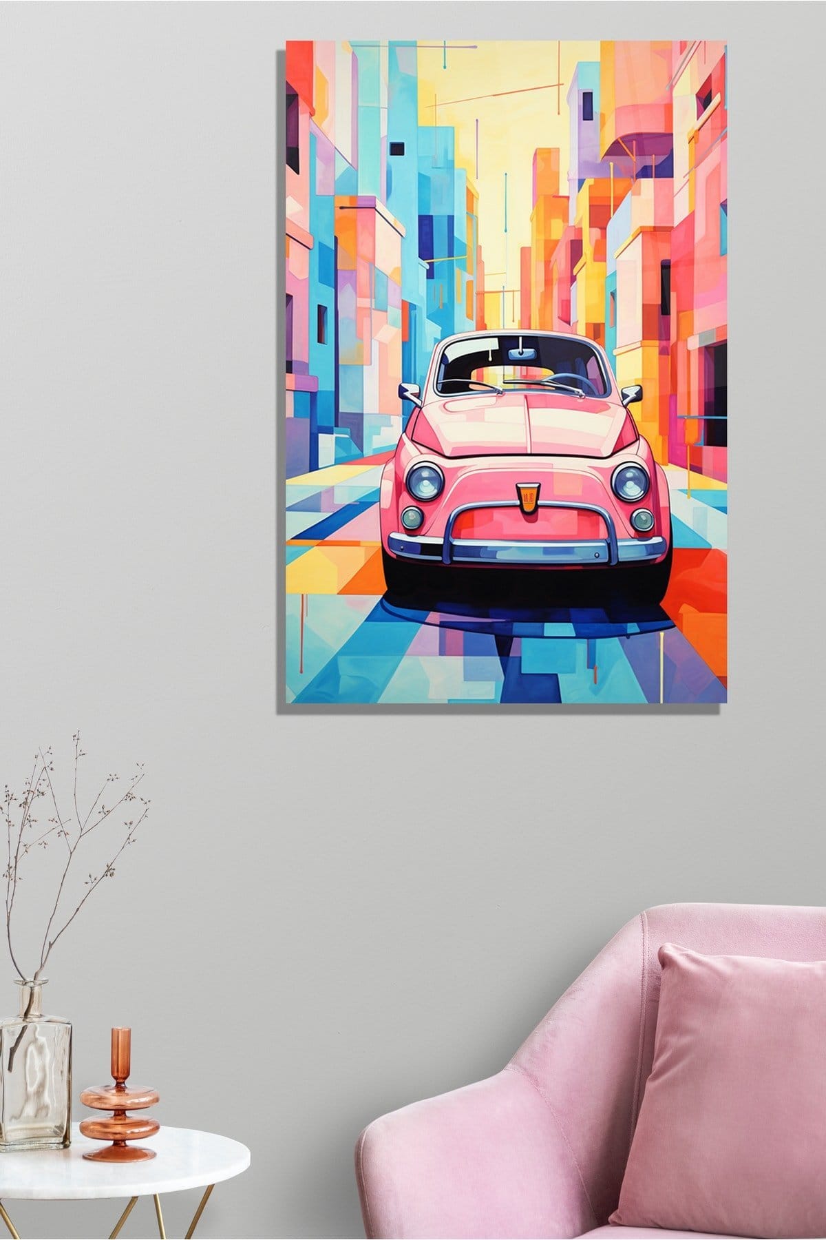 Renkli Şehirde Pembe Fiat 500: Modern Sanat Cam Tablo Duvar Dekoru cam tablo, duvar sanatı, modern dekorasyon, soyut sanat, cam sanat eserleri, iç mekan dekorasyonu, ofis dekorasyonu, ev dekorasyonu, restoran dekorasyonu, cafe dekorasyonu, cam baskı, UV baskı, estetik duvar sanatı