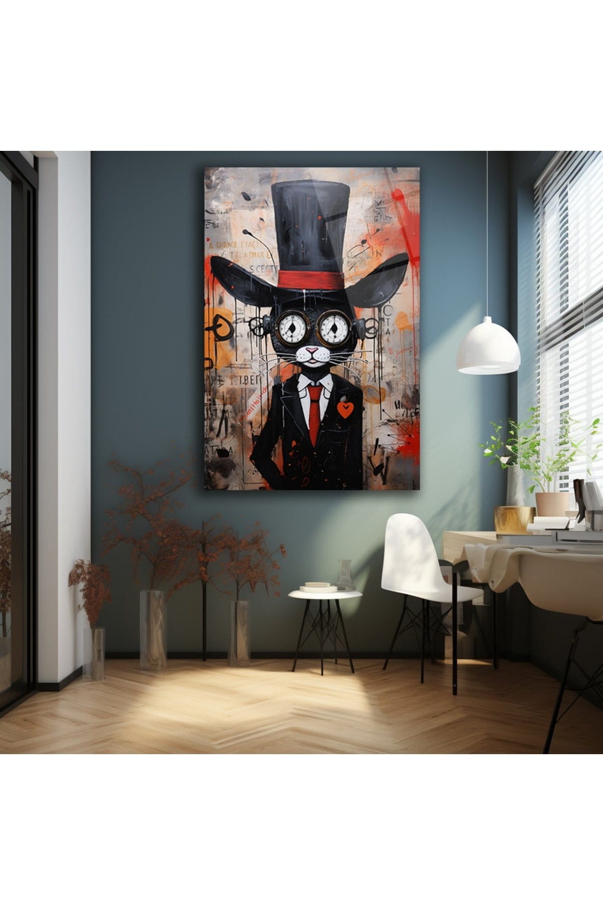 Gizemli Centilmen Kedi: Urban Sanat Cam Tablo Duvar Dekoru cam tablo, duvar sanatı, modern dekorasyon, soyut sanat, cam sanat eserleri, iç mekan dekorasyonu, ofis dekorasyonu, ev dekorasyonu, restoran dekorasyonu, cafe dekorasyonu, cam baskı, UV baskı, estetik duvar sanatı