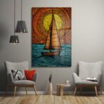 Gün Batımı Yelkenlisi: Modern Mozaik Cam Tablo Duvar Dekoru cam tablo, duvar sanatı, modern dekorasyon, soyut sanat, cam sanat eserleri, iç mekan dekorasyonu, ofis dekorasyonu, ev dekorasyonu, restoran dekorasyonu, cafe dekorasyonu, cam baskı, UV baskı, estetik duvar sanatı