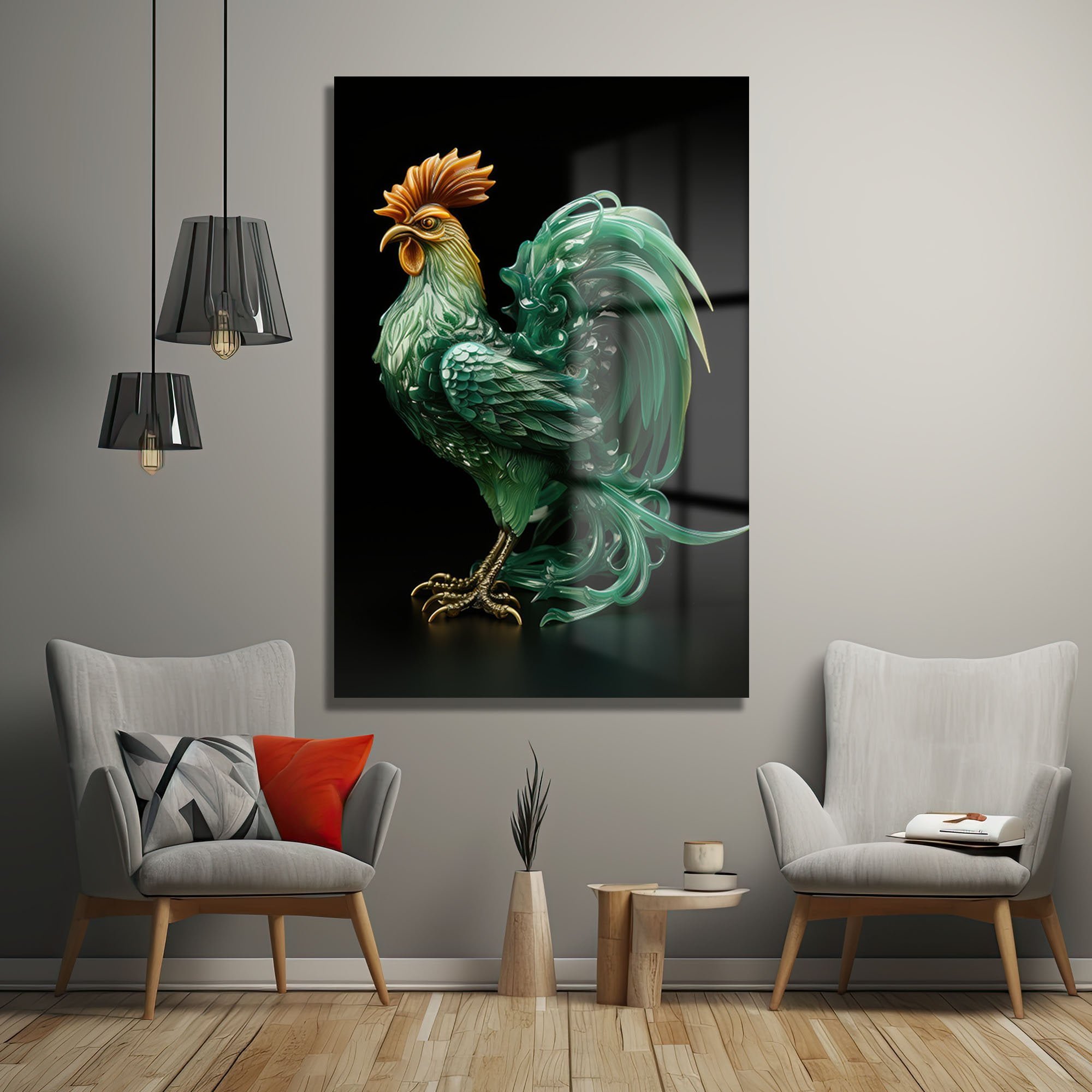 Zümrüt Horozun Görkemi: Modern Sanat Temperli Cam Tablo Duvar Dekoru cam tablo, duvar sanatı, modern dekorasyon, soyut sanat, cam sanat eserleri, iç mekan dekorasyonu, ofis dekorasyonu, ev dekorasyonu, restoran dekorasyonu, cafe dekorasyonu, cam baskı, UV baskı, estetik duvar sanatı